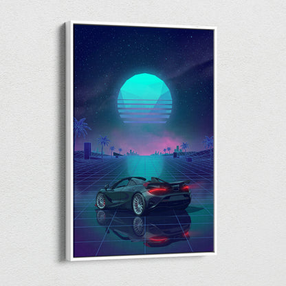 McLaren 750S Inspired Teal Purple Canvas Wall Art, Vaporwave Supercar Artwork, Neon Grid Garage Decor, Retro Futuristic Exotic Print