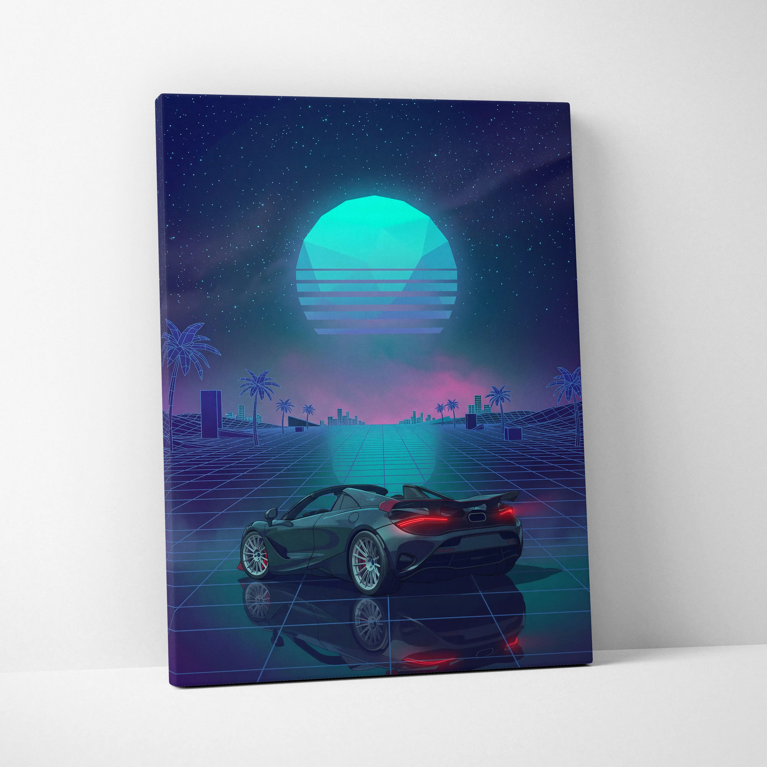 McLaren 750S Inspired Teal Purple Canvas Wall Art, Vaporwave Supercar Artwork, Neon Grid Garage Decor, Retro Futuristic Exotic Print