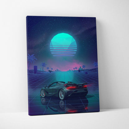 McLaren 750S Inspired Teal Purple Canvas Wall Art, Vaporwave Supercar Artwork, Neon Grid Garage Decor, Retro Futuristic Exotic Print