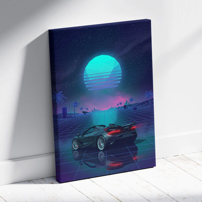 McLaren 750S Inspired Teal Purple Canvas Wall Art, Vaporwave Supercar Artwork, Neon Grid Garage Decor, Retro Futuristic Exotic Print