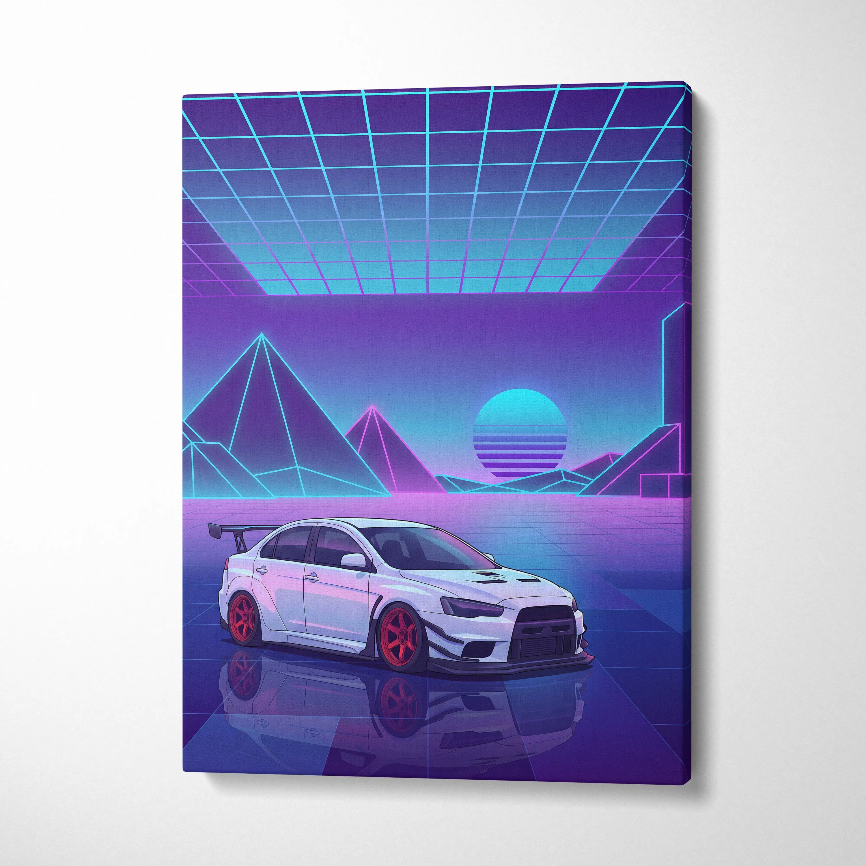 Mitsubishi Lancer Evolution X Inspired White Purple Canvas Wall Art, Neon Vaporwave JDM Sports Sedan Artwork for Garage Decor