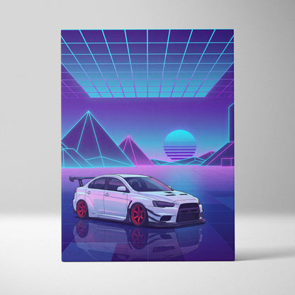 Mitsubishi Lancer Evolution X Inspired White Purple Canvas Wall Art, Neon Vaporwave JDM Sports Sedan Artwork for Garage Decor