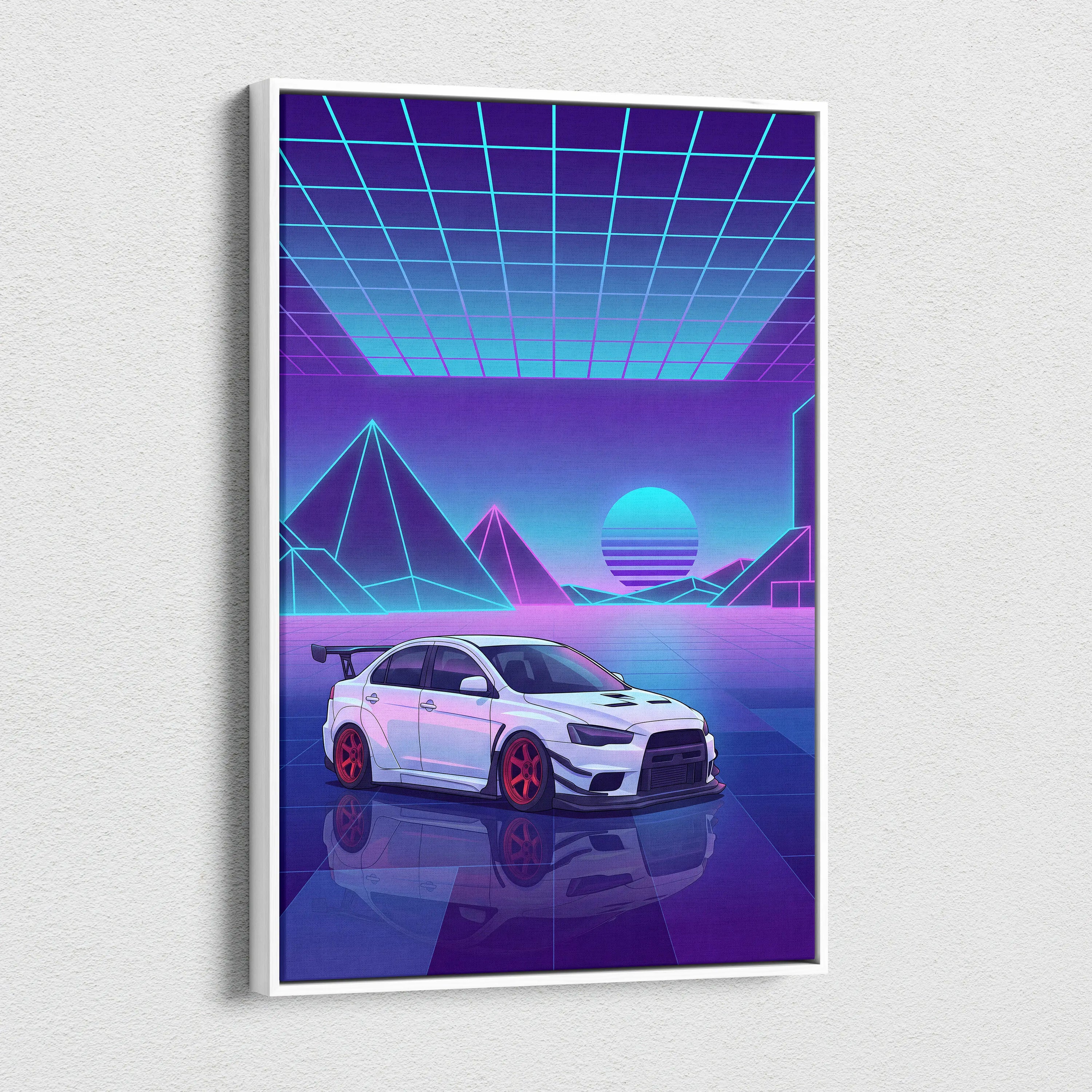 Mitsubishi Lancer Evolution X Inspired White Purple Canvas Wall Art, Neon Vaporwave JDM Sports Sedan Artwork for Garage Decor