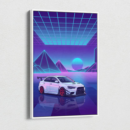 Mitsubishi Lancer Evolution X Inspired White Purple Canvas Wall Art, Neon Vaporwave JDM Sports Sedan Artwork for Garage Decor