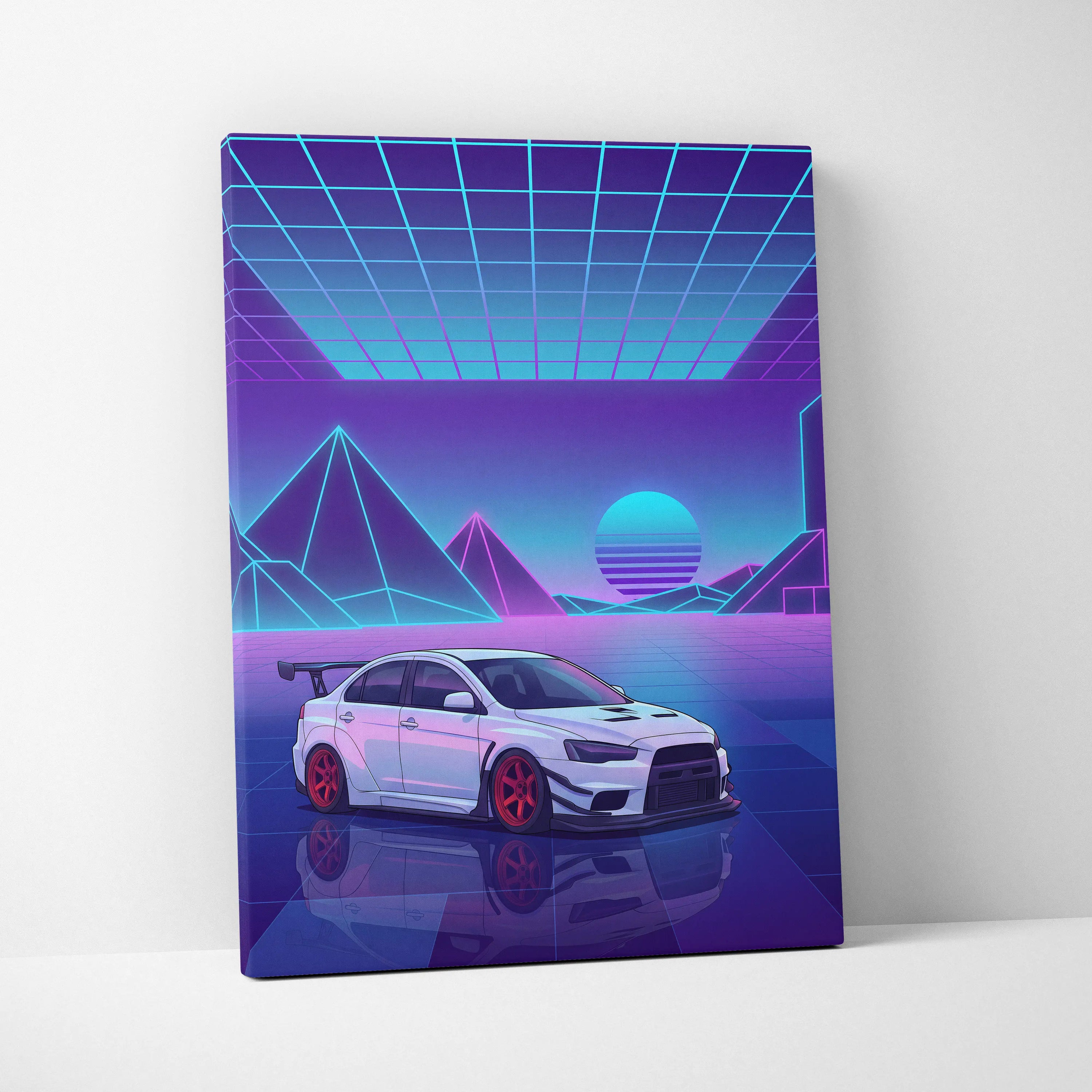 Mitsubishi Lancer Evolution X Inspired White Purple Canvas Wall Art, Neon Vaporwave JDM Sports Sedan Artwork for Garage Decor