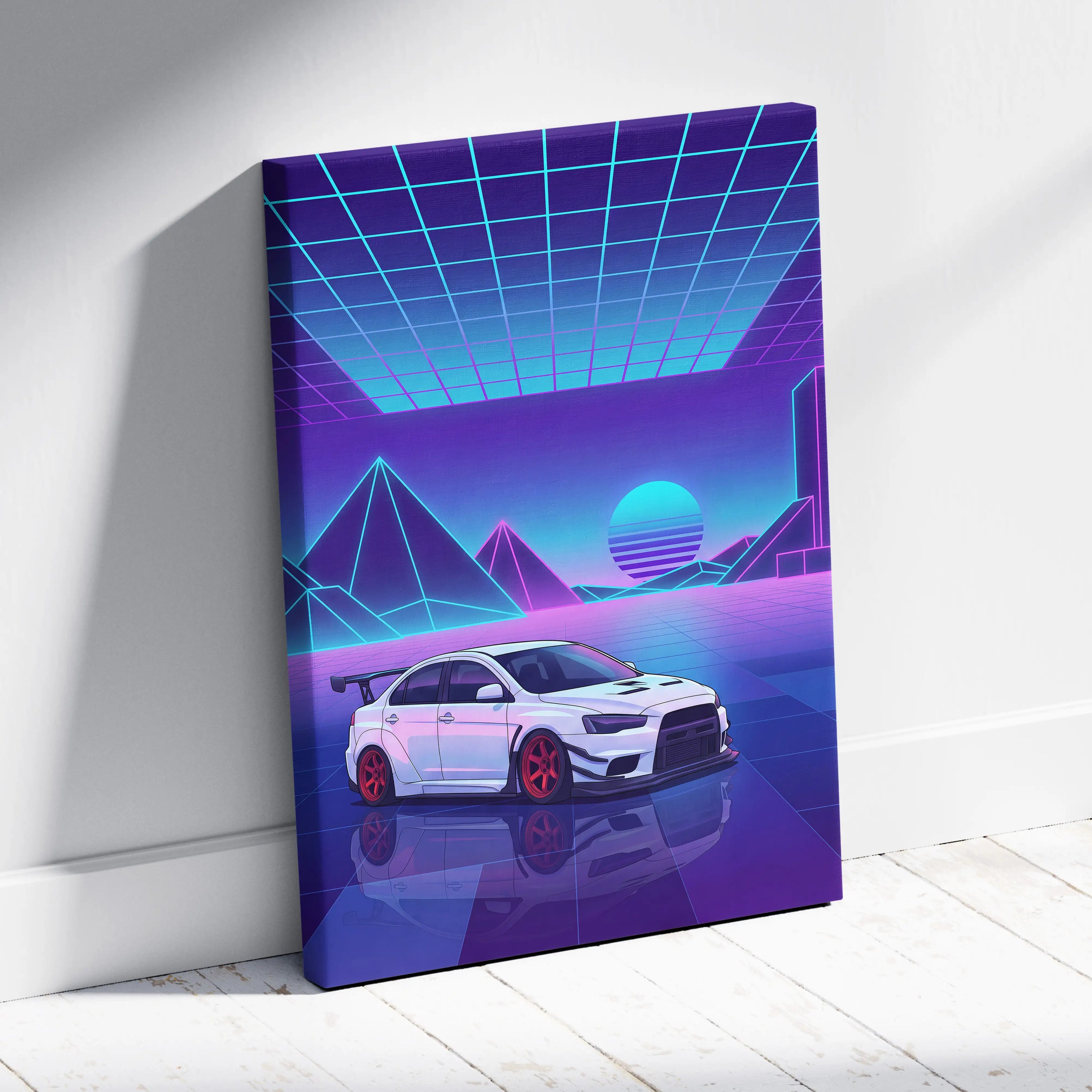 Mitsubishi Lancer Evolution X Inspired White Purple Canvas Wall Art, Neon Vaporwave JDM Sports Sedan Artwork for Garage Decor