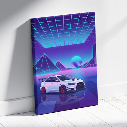Mitsubishi Lancer Evolution X Inspired White Purple Canvas Wall Art, Neon Vaporwave JDM Sports Sedan Artwork for Garage Decor