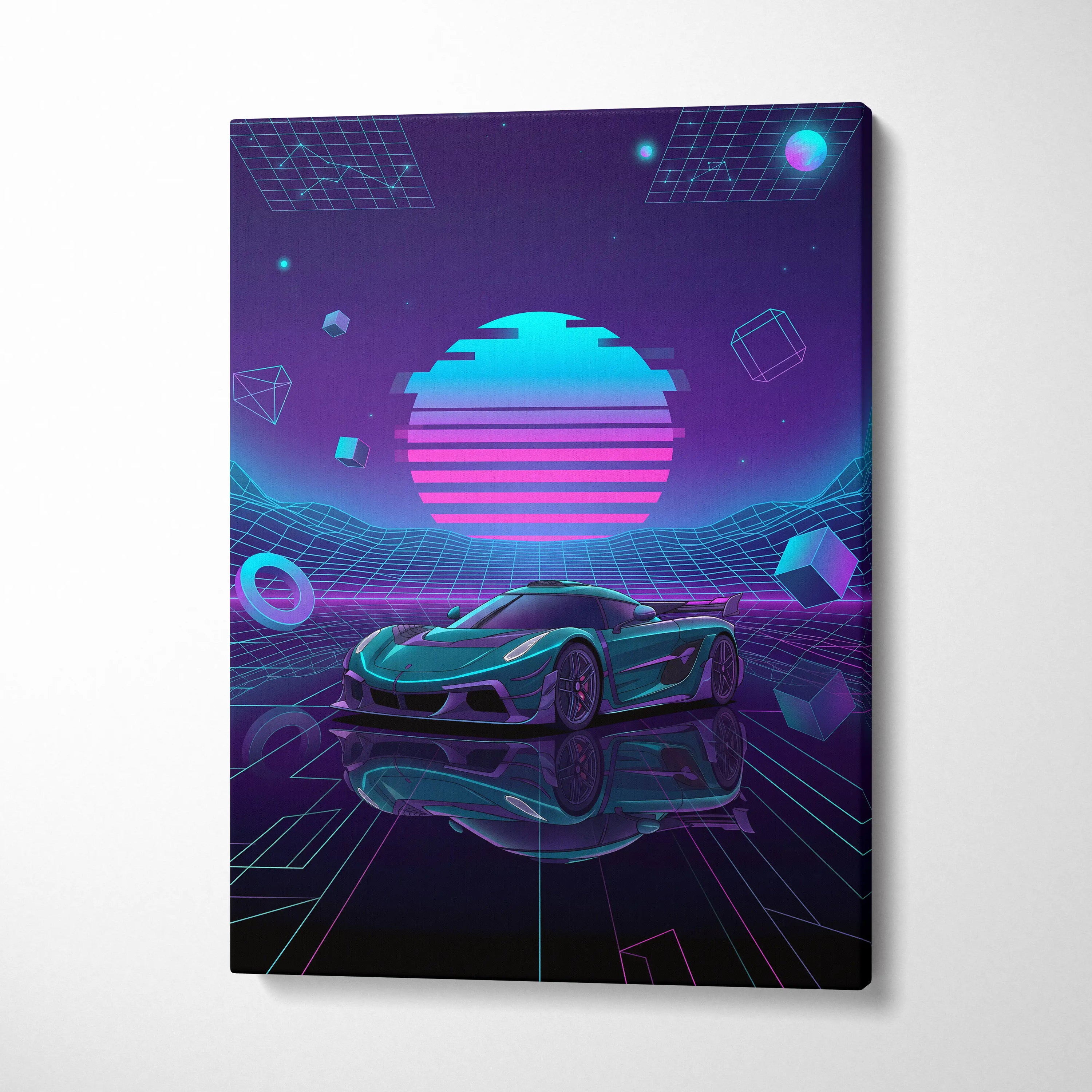 Koenigsegg Jesko Inspired Teal Purple Canvas Wall Art, Vaporwave Hypercar Artwork, Neon Grid Garage Decor, Retro Futuristic Exotic Print