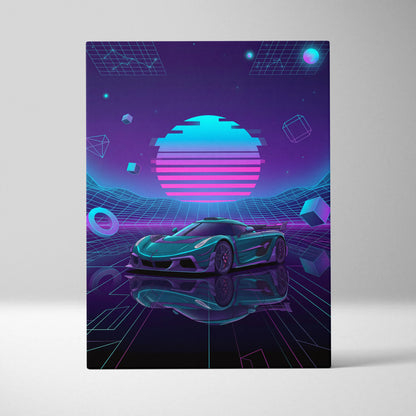 Koenigsegg Jesko Inspired Teal Purple Canvas Wall Art, Vaporwave Hypercar Artwork, Neon Grid Garage Decor, Retro Futuristic Exotic Print
