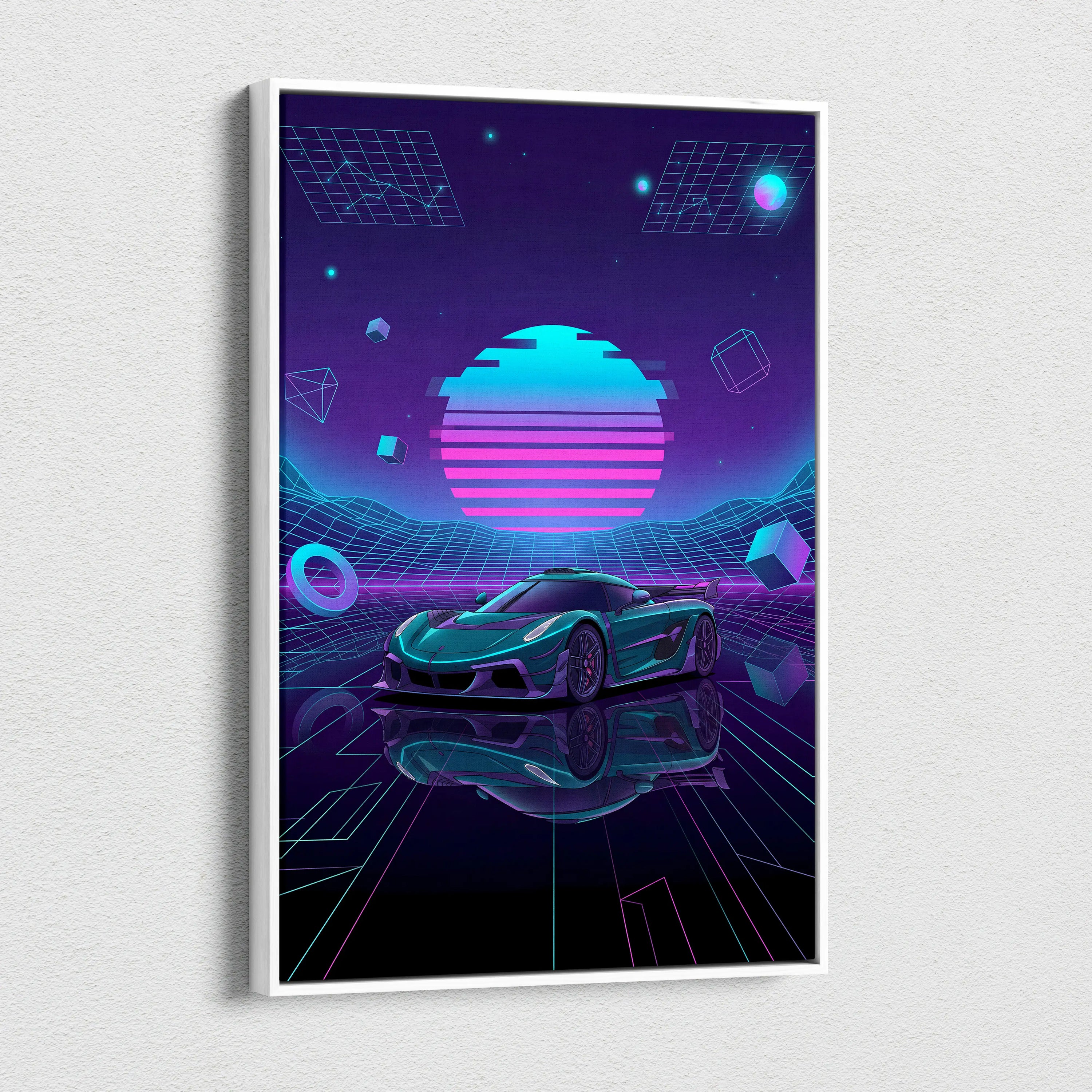 Koenigsegg Jesko Inspired Teal Purple Canvas Wall Art, Vaporwave Hypercar Artwork, Neon Grid Garage Decor, Retro Futuristic Exotic Print