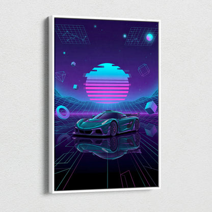 Koenigsegg Jesko Inspired Teal Purple Canvas Wall Art, Vaporwave Hypercar Artwork, Neon Grid Garage Decor, Retro Futuristic Exotic Print