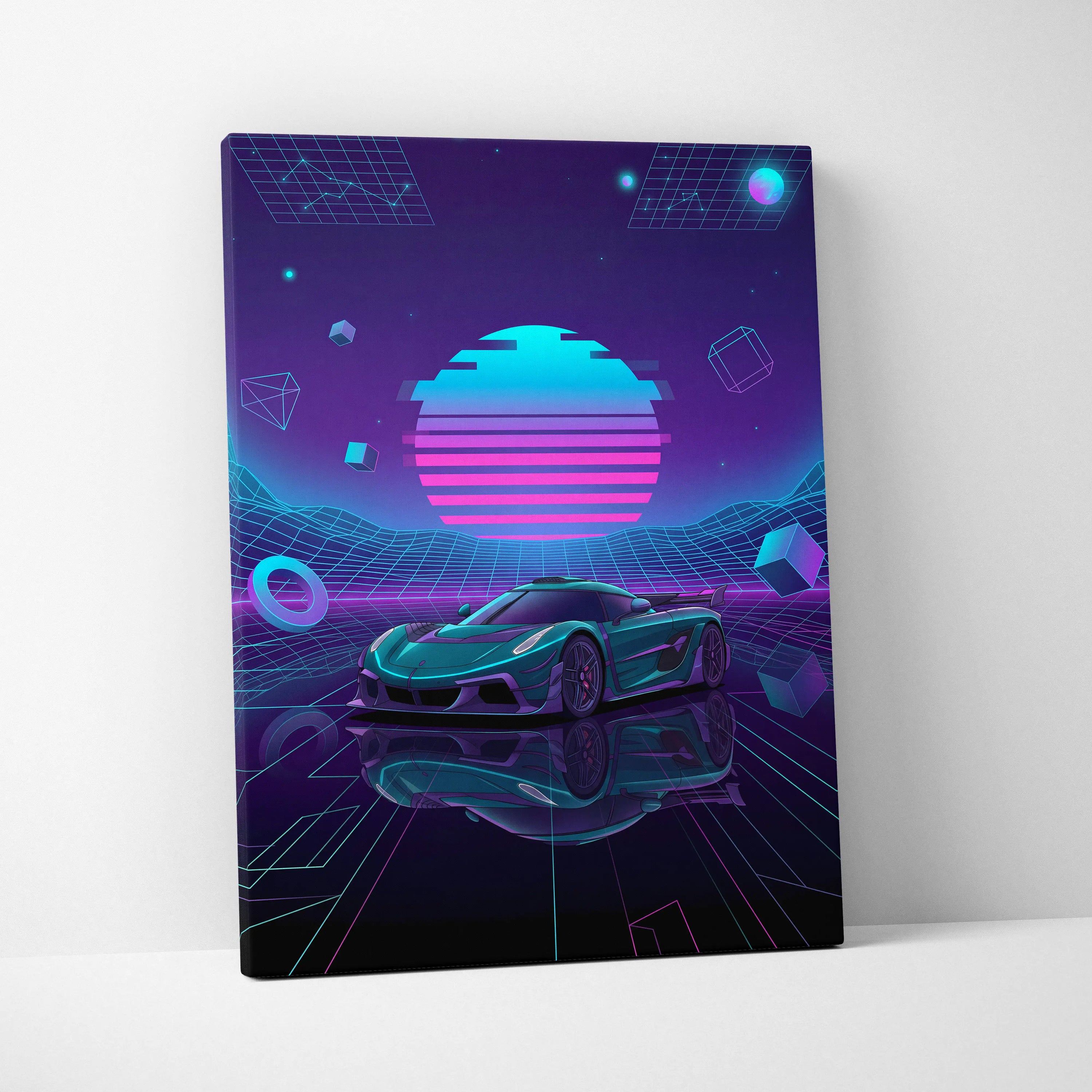 Koenigsegg Jesko Inspired Teal Purple Canvas Wall Art, Vaporwave Hypercar Artwork, Neon Grid Garage Decor, Retro Futuristic Exotic Print