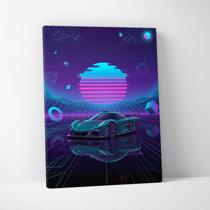 Koenigsegg Jesko Inspired Teal Purple Canvas Wall Art, Vaporwave Hypercar Artwork, Neon Grid Garage Decor, Retro Futuristic Exotic Print