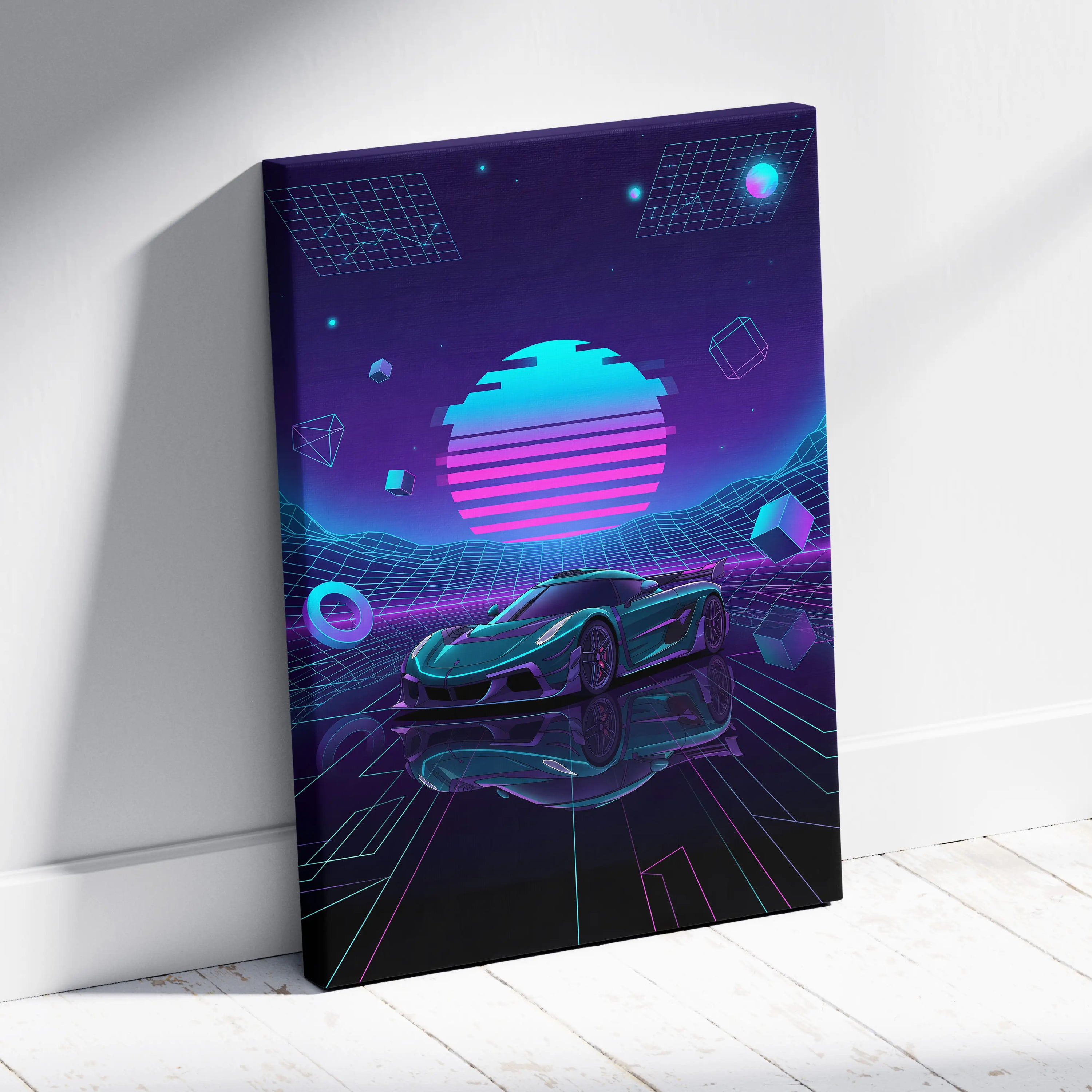 Koenigsegg Jesko Inspired Teal Purple Canvas Wall Art, Vaporwave Hypercar Artwork, Neon Grid Garage Decor, Retro Futuristic Exotic Print