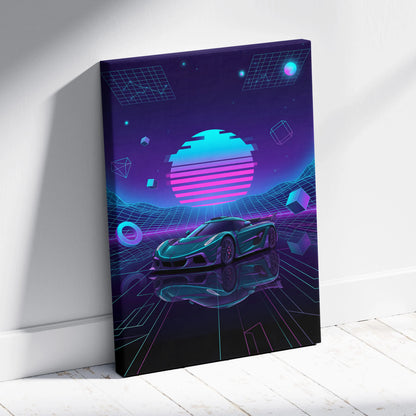 Koenigsegg Jesko Inspired Teal Purple Canvas Wall Art, Vaporwave Hypercar Artwork, Neon Grid Garage Decor, Retro Futuristic Exotic Print