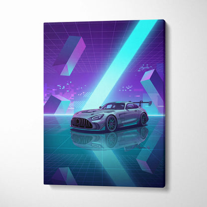 Mercedes-AMG GT Black Series Inspired Silver Teal Canvas Wall Art, Vaporwave Track Car Artwork, Neon Grid Garage Decor, Retro Futuristic Motorsport Print