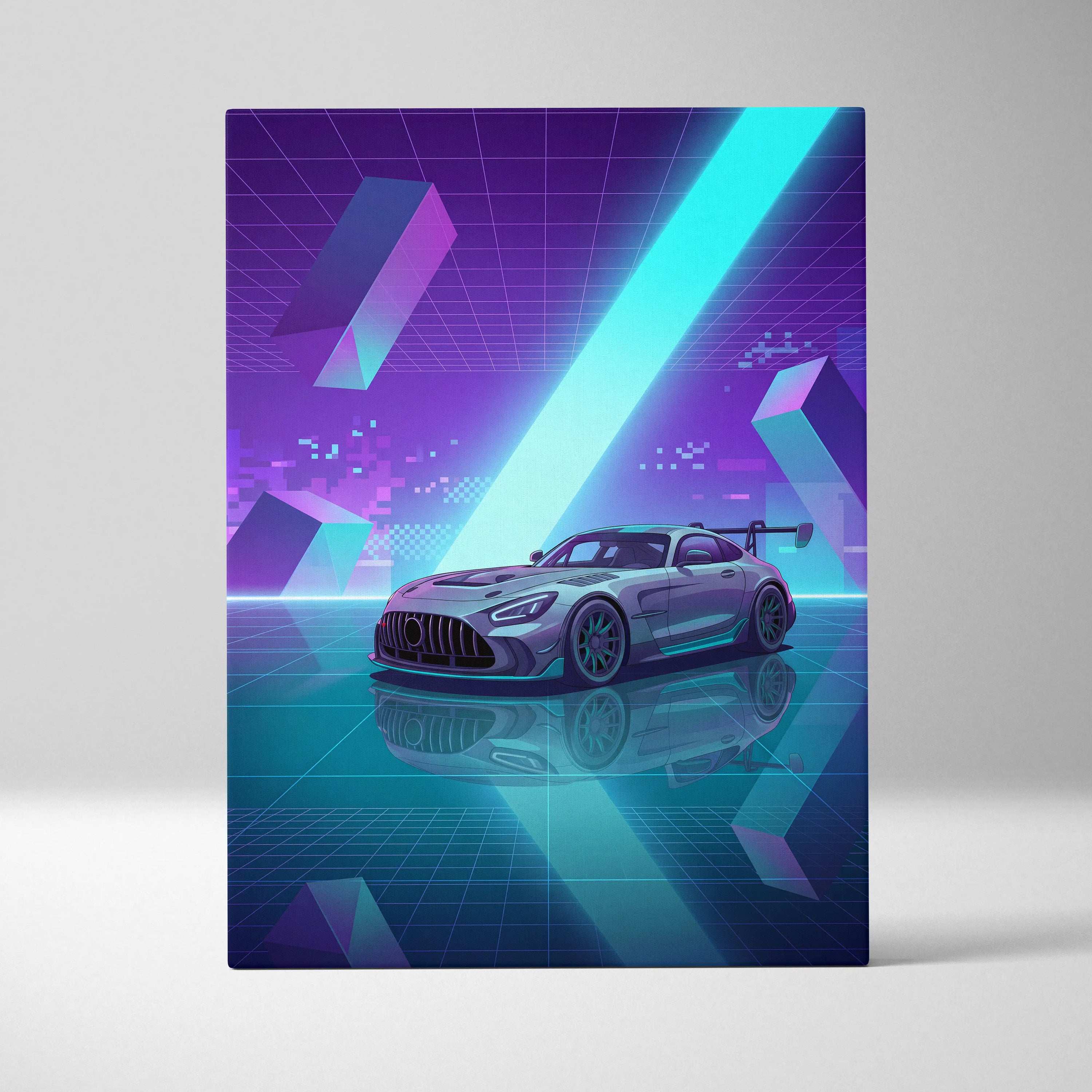Mercedes-AMG GT Black Series Inspired Silver Teal Canvas Wall Art, Vaporwave Track Car Artwork, Neon Grid Garage Decor, Retro Futuristic Motorsport Print