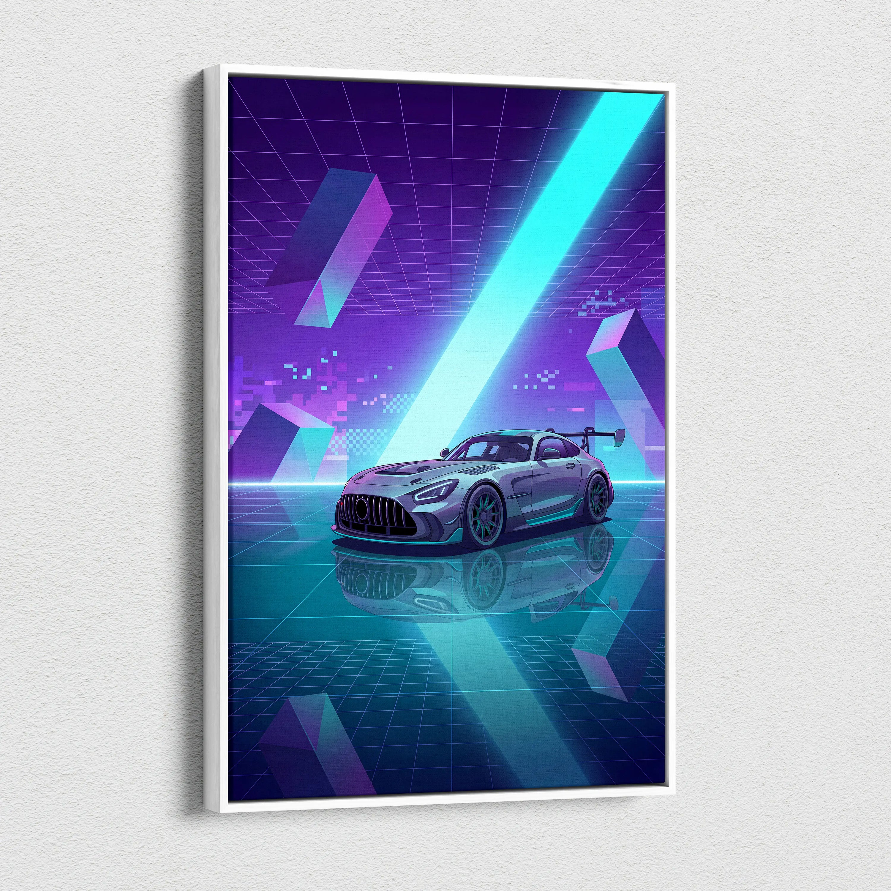 Mercedes-AMG GT Black Series Inspired Silver Teal Canvas Wall Art, Vaporwave Track Car Artwork, Neon Grid Garage Decor, Retro Futuristic Motorsport Print