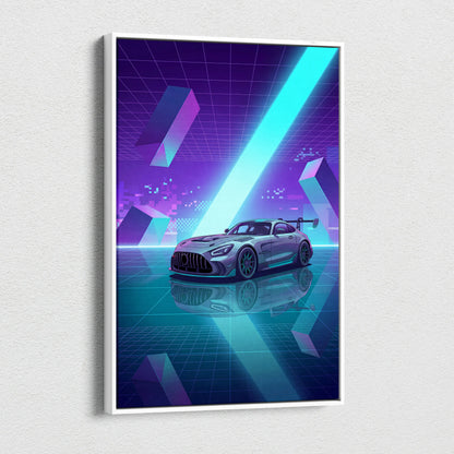 Mercedes-AMG GT Black Series Inspired Silver Teal Canvas Wall Art, Vaporwave Track Car Artwork, Neon Grid Garage Decor, Retro Futuristic Motorsport Print