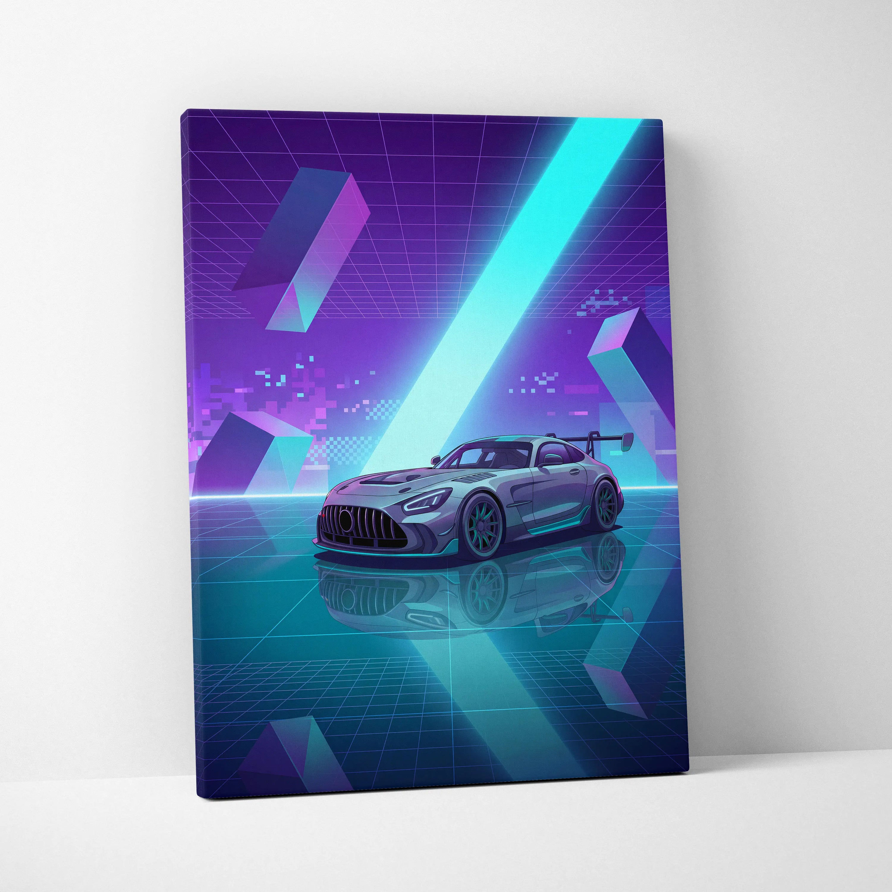 Mercedes-AMG GT Black Series Inspired Silver Teal Canvas Wall Art, Vaporwave Track Car Artwork, Neon Grid Garage Decor, Retro Futuristic Motorsport Print