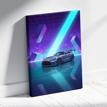 Mercedes-AMG GT Black Series Inspired Silver Teal Canvas Wall Art, Vaporwave Track Car Artwork, Neon Grid Garage Decor, Retro Futuristic Motorsport Print