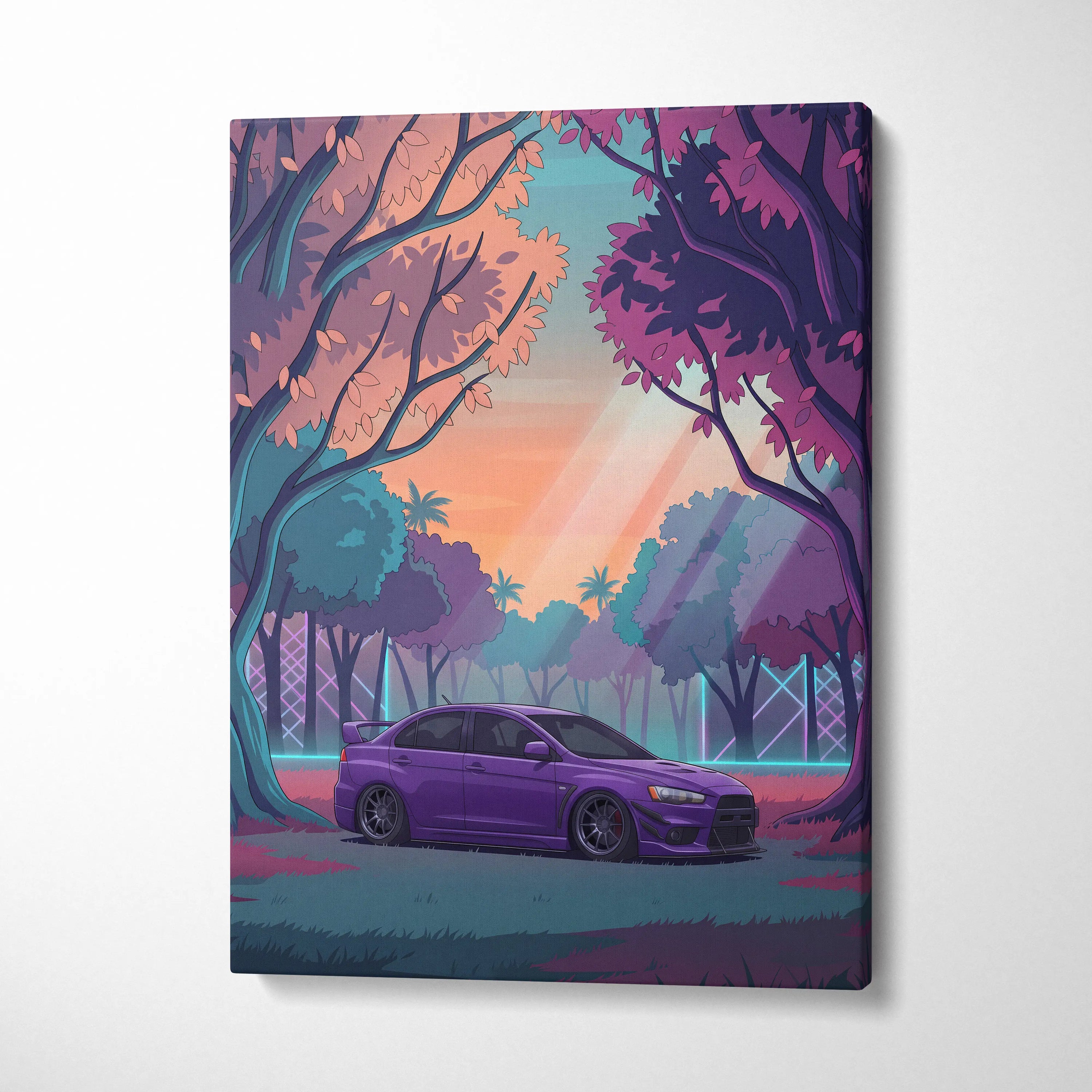 Mitsubishi Lancer Evolution X Inspired Purple Teal Canvas Wall Art, Vaporwave JDM Artwork, Neon Forest Garage Decor, Retro Futuristic Print