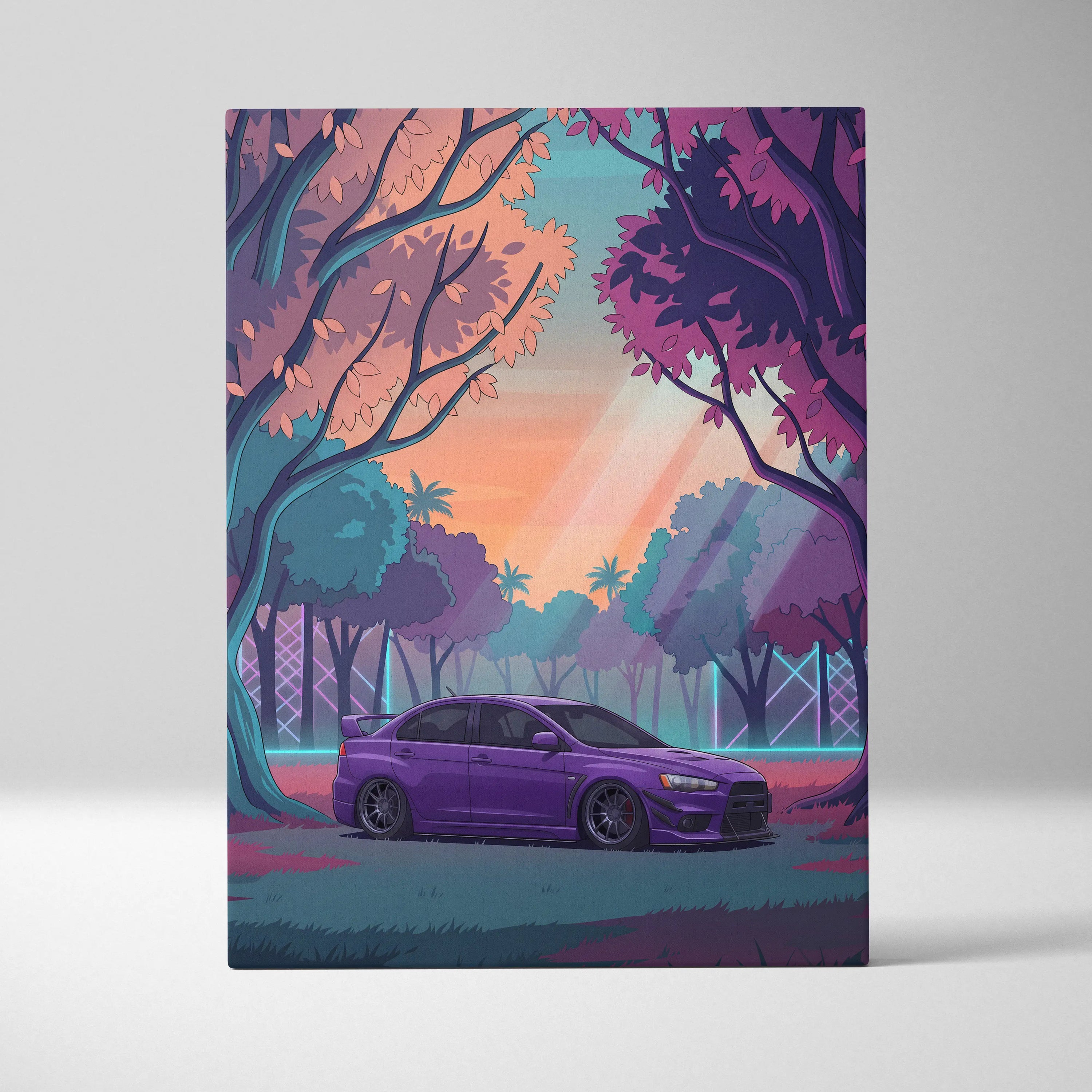 Mitsubishi Lancer Evolution X Inspired Purple Teal Canvas Wall Art, Vaporwave JDM Artwork, Neon Forest Garage Decor, Retro Futuristic Print
