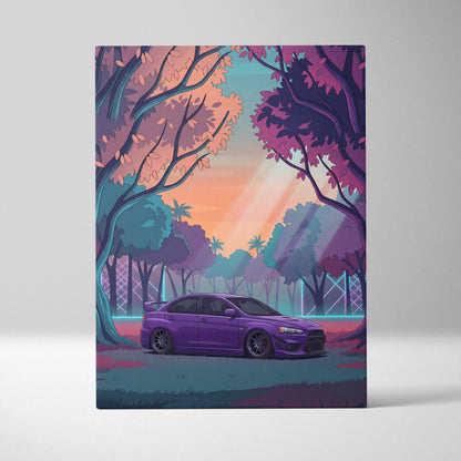 Mitsubishi Lancer Evolution X Inspired Purple Teal Canvas Wall Art, Vaporwave JDM Artwork, Neon Forest Garage Decor, Retro Futuristic Print