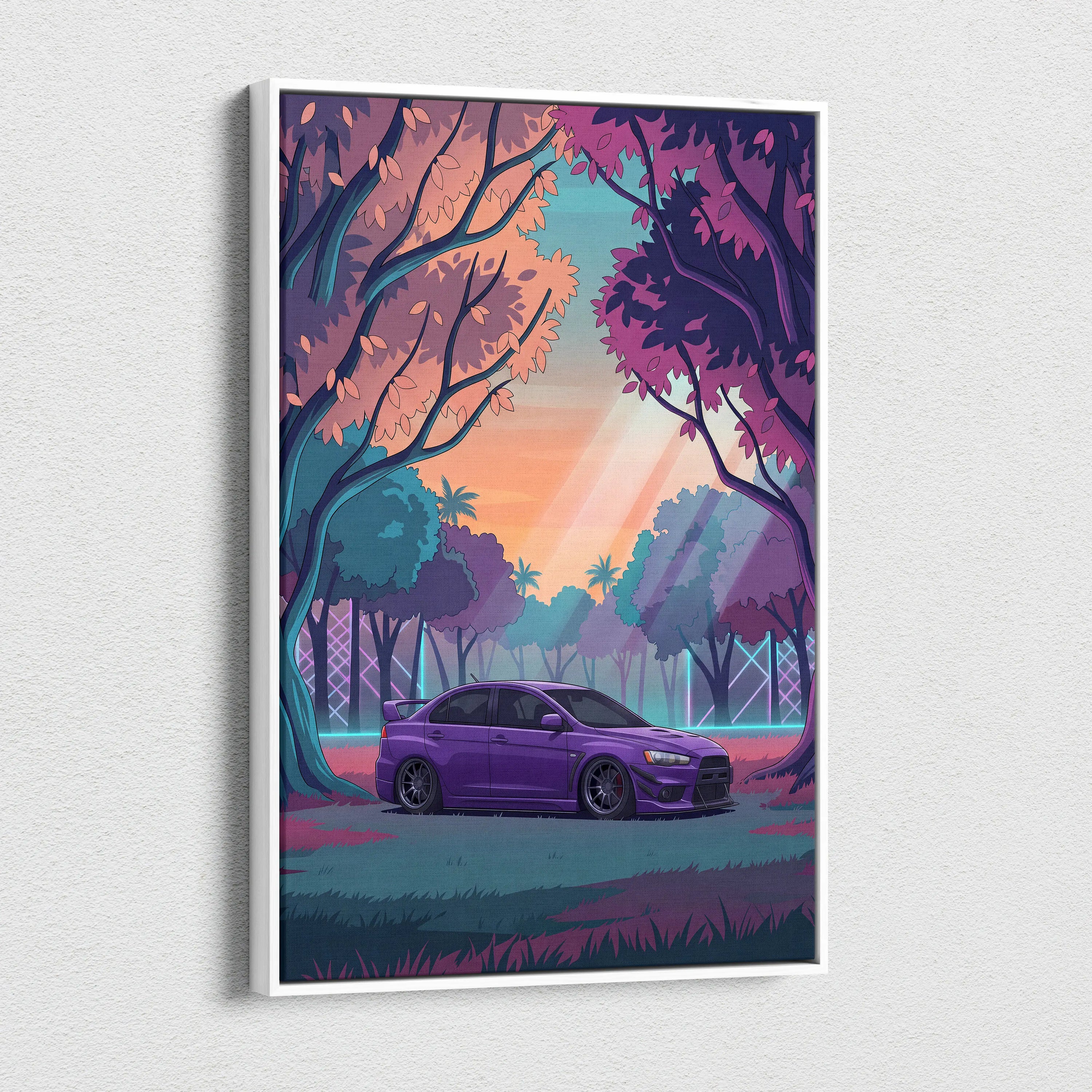 Mitsubishi Lancer Evolution X Inspired Purple Teal Canvas Wall Art, Vaporwave JDM Artwork, Neon Forest Garage Decor, Retro Futuristic Print
