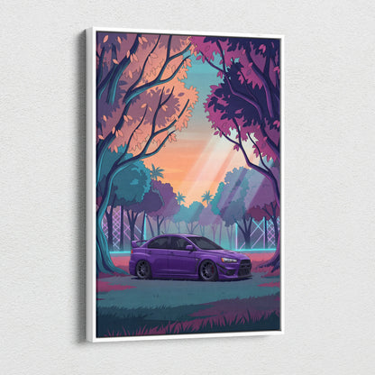Mitsubishi Lancer Evolution X Inspired Purple Teal Canvas Wall Art, Vaporwave JDM Artwork, Neon Forest Garage Decor, Retro Futuristic Print