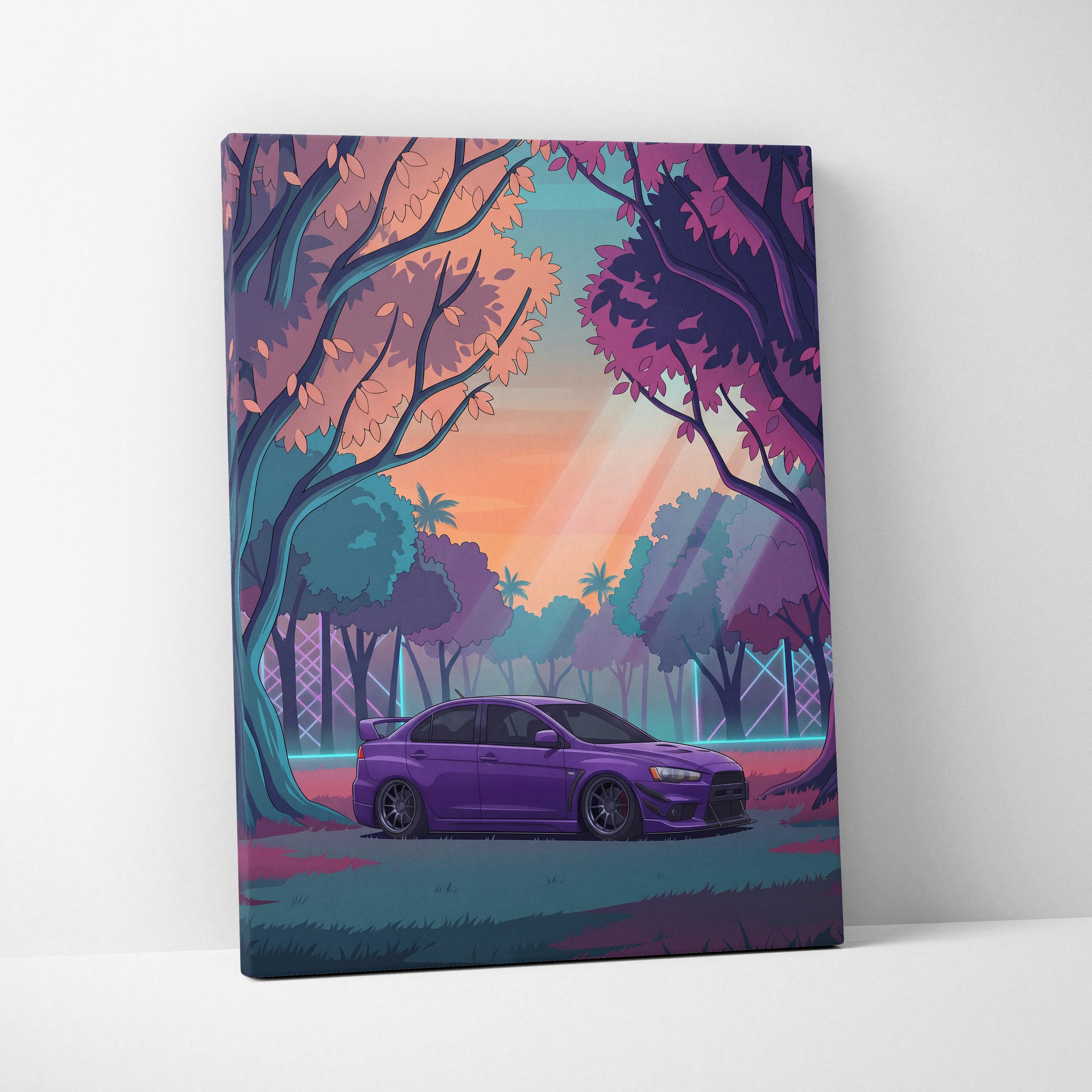 Mitsubishi Lancer Evolution X Inspired Purple Teal Canvas Wall Art, Vaporwave JDM Artwork, Neon Forest Garage Decor, Retro Futuristic Print