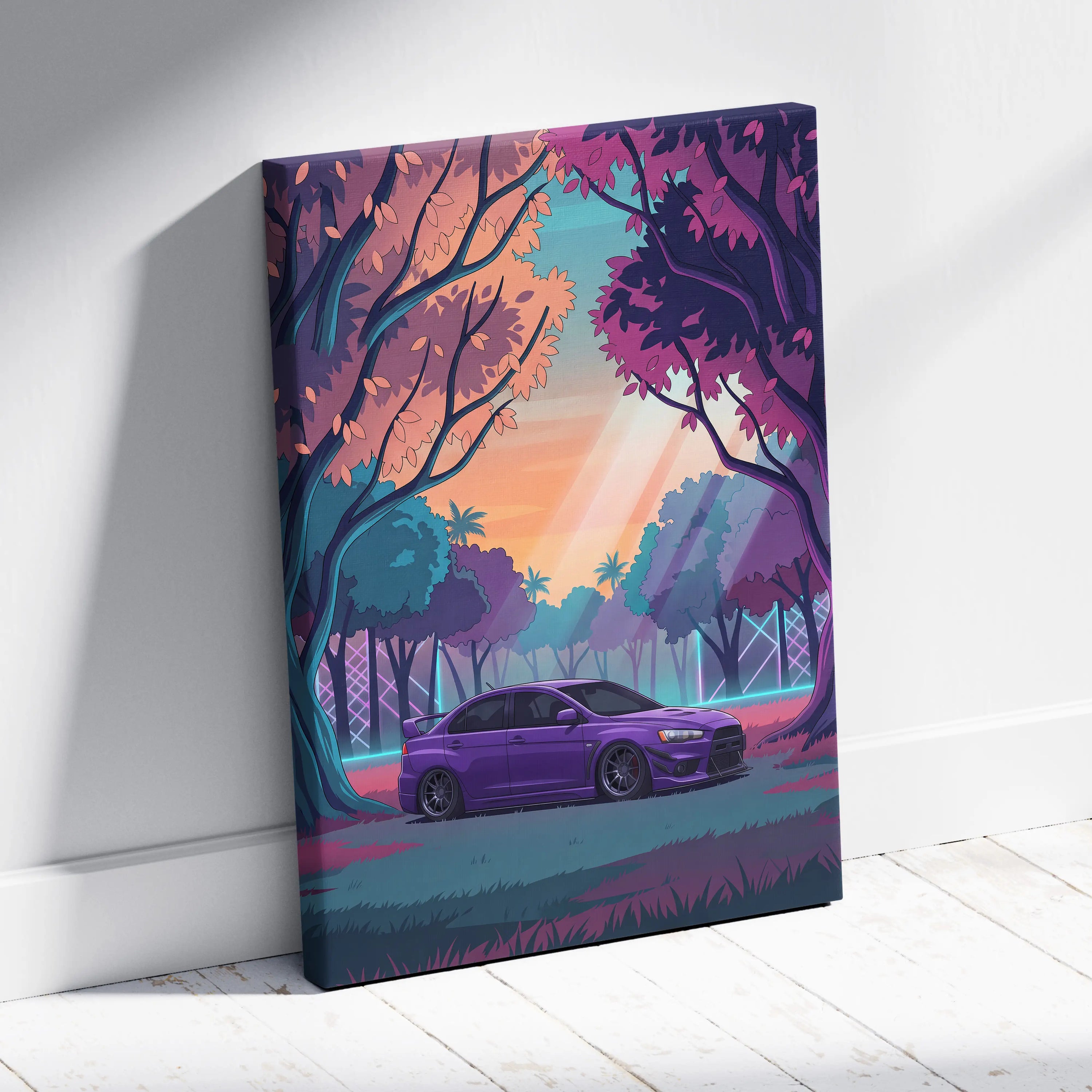 Mitsubishi Lancer Evolution X Inspired Purple Teal Canvas Wall Art, Vaporwave JDM Artwork, Neon Forest Garage Decor, Retro Futuristic Print