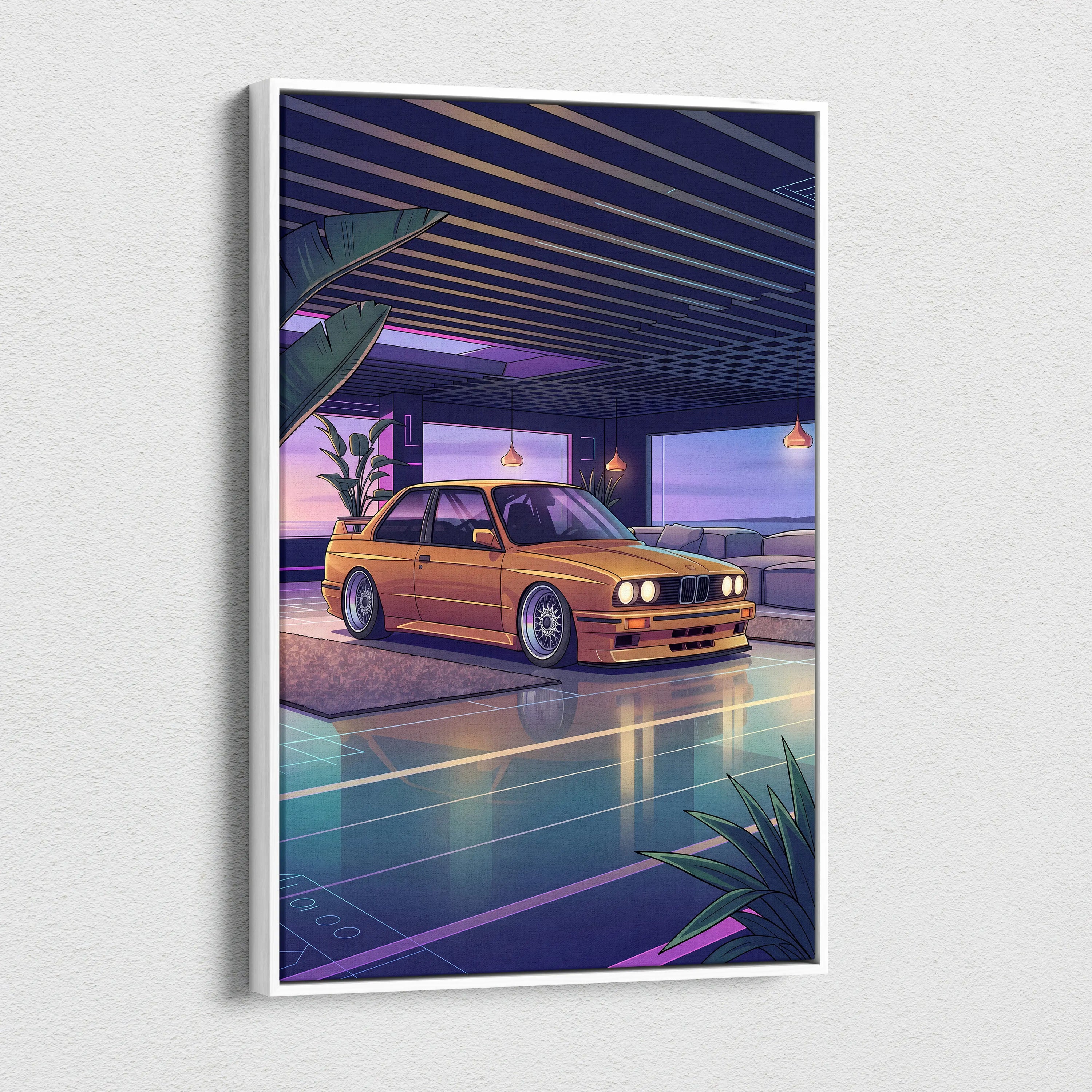 BMW E30 Inspired Vaporwave Car Canvas Art - Car Pink Purple Blue Living Room Vaporwave Nostalgic Glow Retro Futuristic Canvas