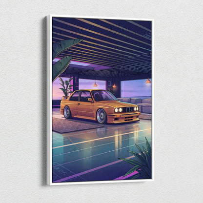 BMW E30 Inspired Vaporwave Car Canvas Art - Car Pink Purple Blue Living Room Vaporwave Nostalgic Glow Retro Futuristic Canvas