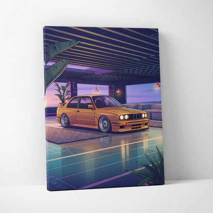 BMW E30 Inspired Vaporwave Car Canvas Art - Car Pink Purple Blue Living Room Vaporwave Nostalgic Glow Retro Futuristic Canvas