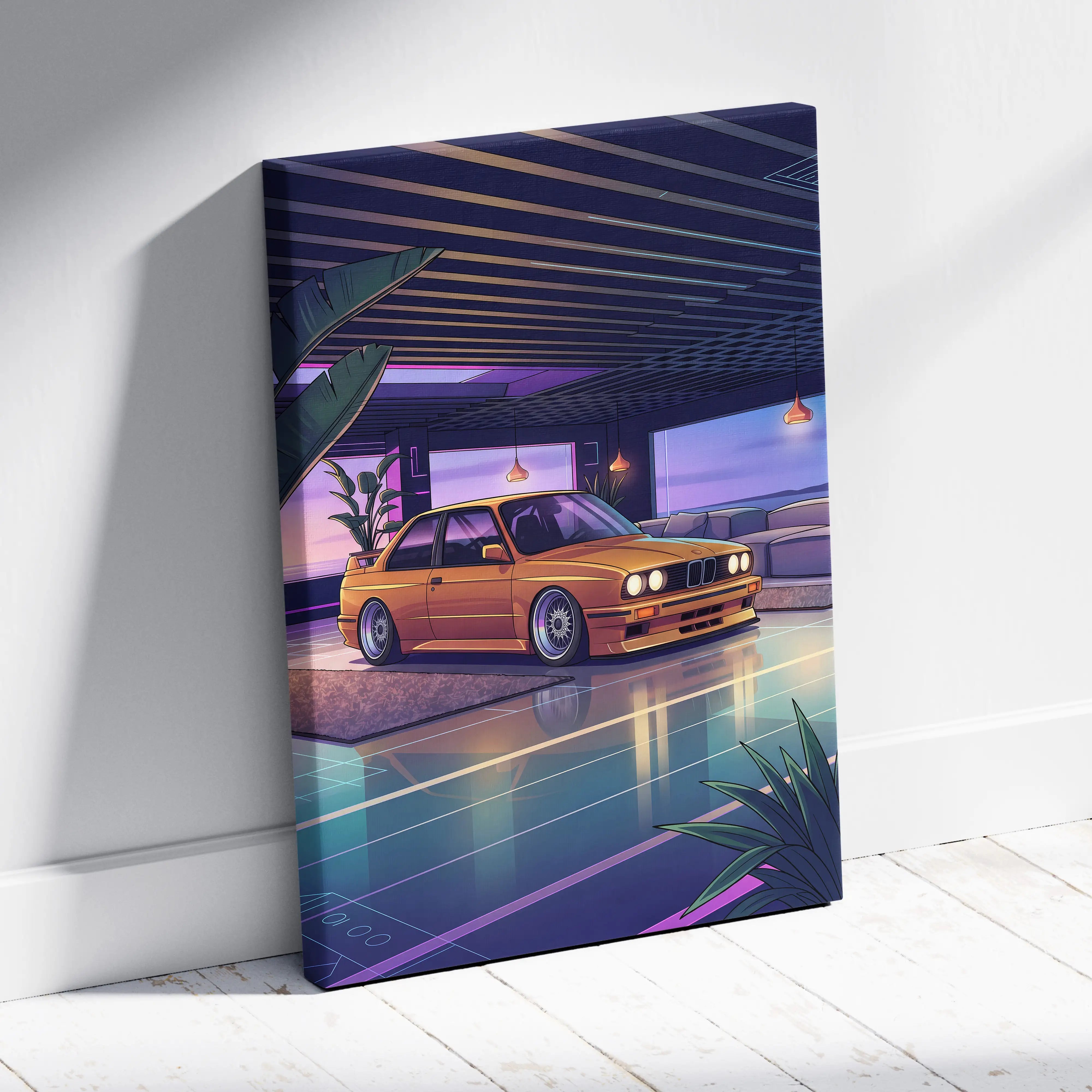 BMW E30 Inspired Vaporwave Car Canvas Art - Car Pink Purple Blue Living Room Vaporwave Nostalgic Glow Retro Futuristic Canvas