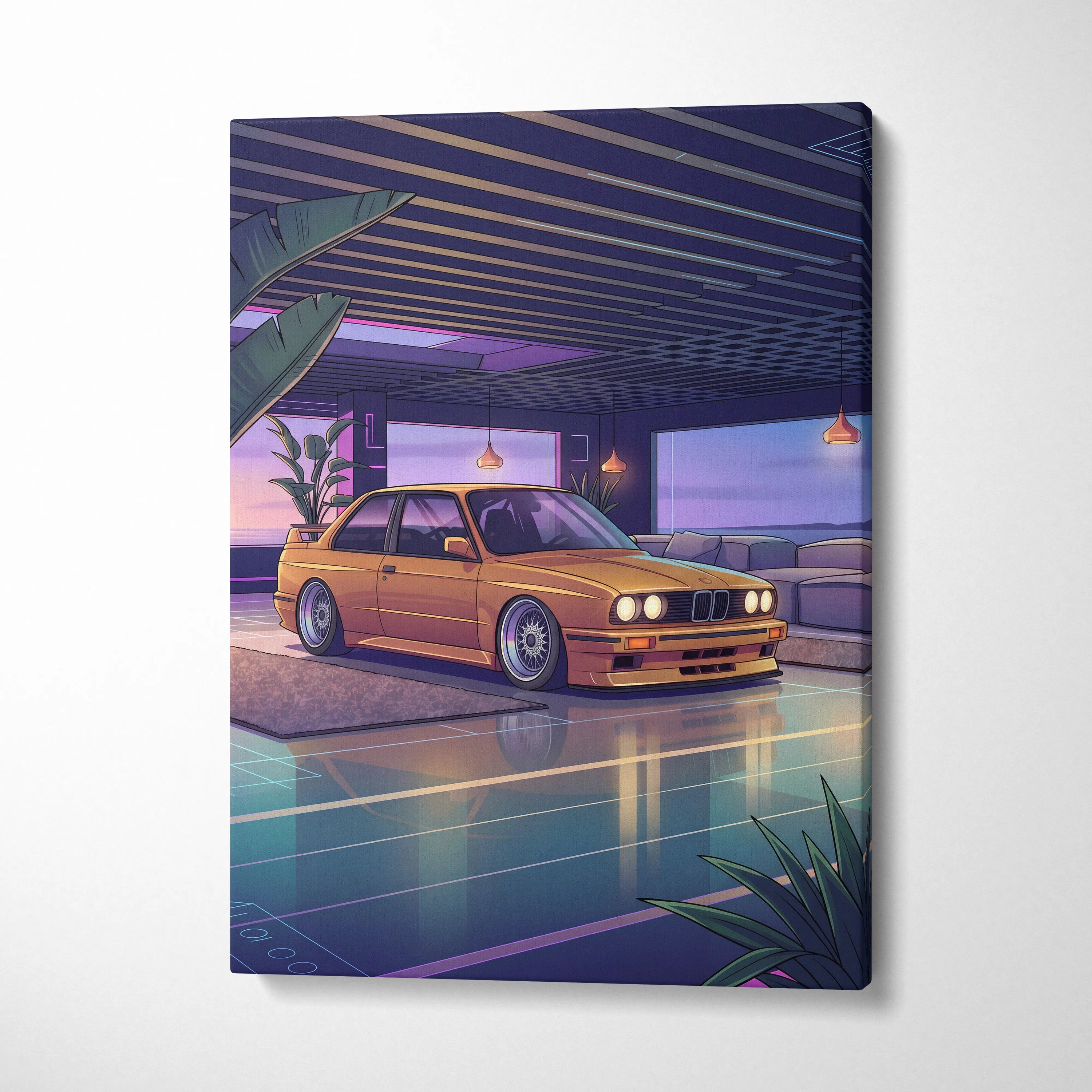 BMW E30 Inspired Vaporwave Car Canvas Art - Car Pink Purple Blue Living Room Vaporwave Nostalgic Glow Retro Futuristic Canvas