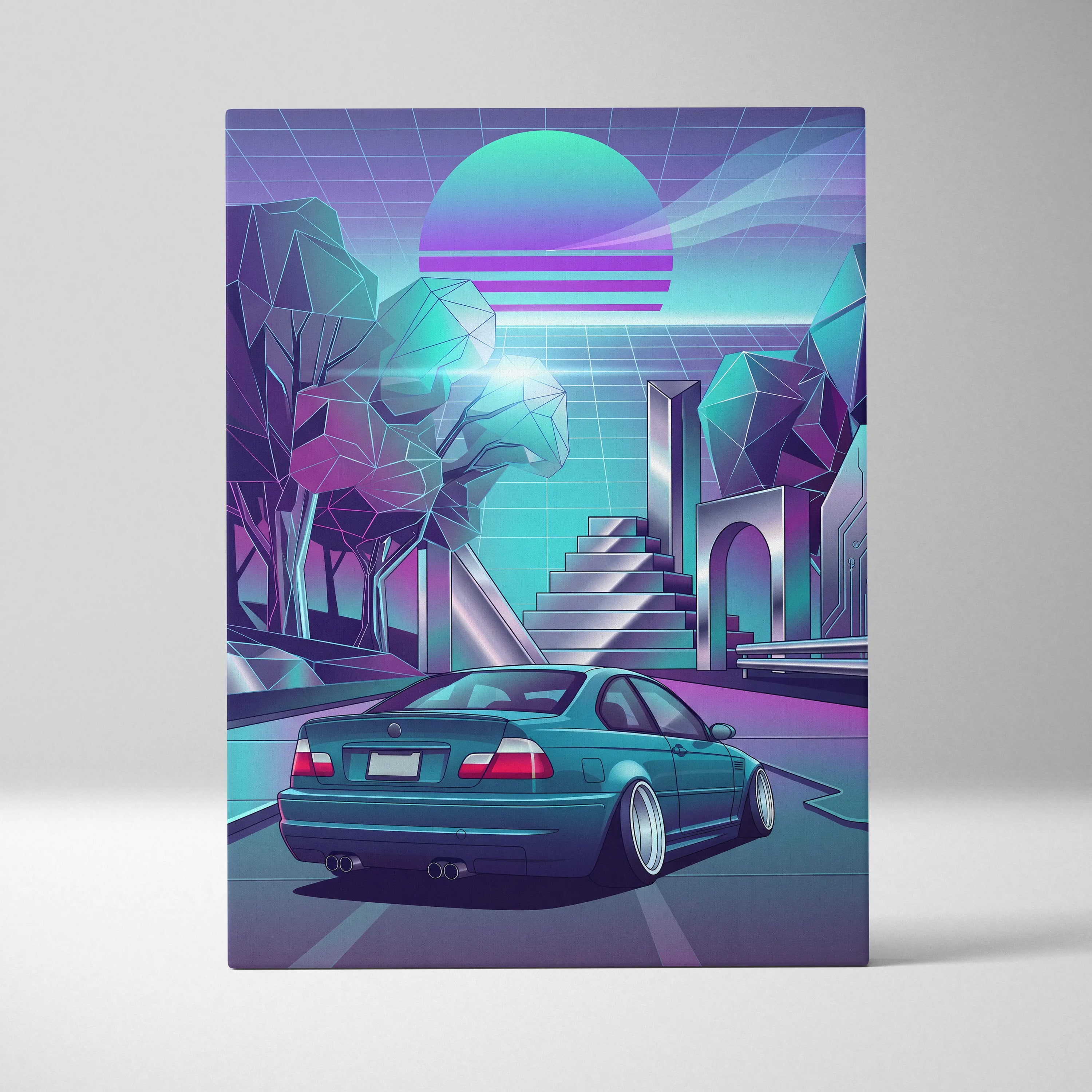 BMW M3 Inspired Vaporwave Car Canvas - Car Artwork Neon Teal Purple Living Room Mood Nostalgic Decor Vaporwave Retro Futurism Canvas