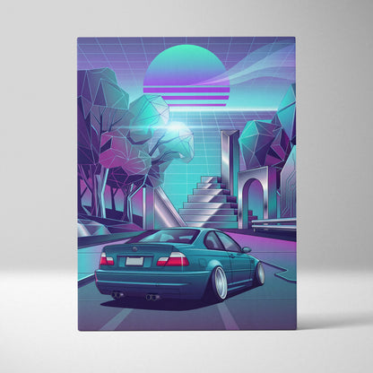 BMW M3 Inspired Vaporwave Car Canvas - Car Artwork Neon Teal Purple Living Room Mood Nostalgic Decor Vaporwave Retro Futurism Canvas