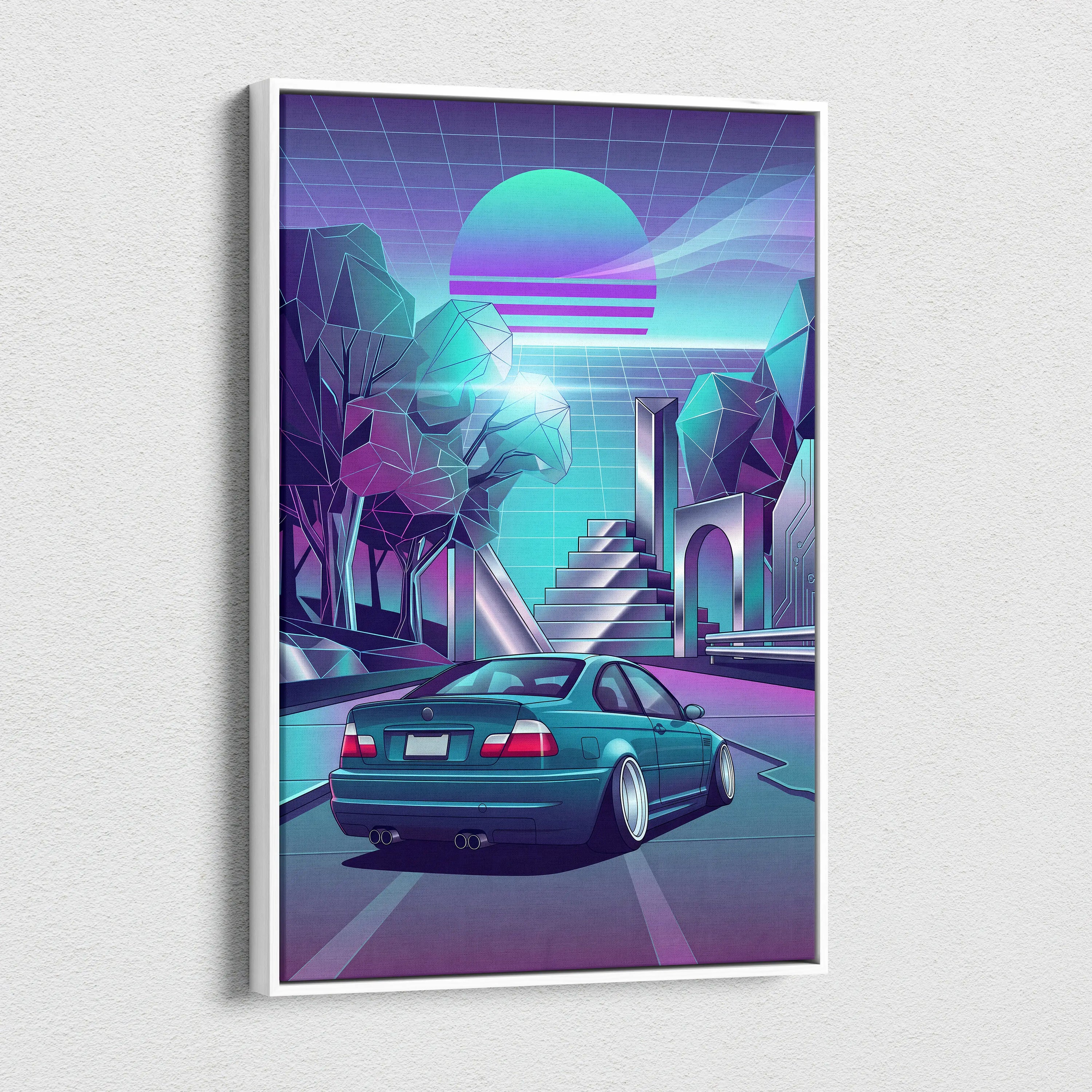 BMW M3 Inspired Vaporwave Car Canvas - Car Artwork Neon Teal Purple Living Room Mood Nostalgic Decor Vaporwave Retro Futurism Canvas