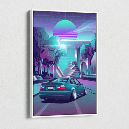 BMW M3 Inspired Vaporwave Car Canvas - Car Artwork Neon Teal Purple Living Room Mood Nostalgic Decor Vaporwave Retro Futurism Canvas
