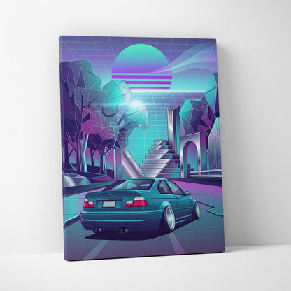 BMW M3 Inspired Vaporwave Car Canvas - Car Artwork Neon Teal Purple Living Room Mood Nostalgic Decor Vaporwave Retro Futurism Canvas