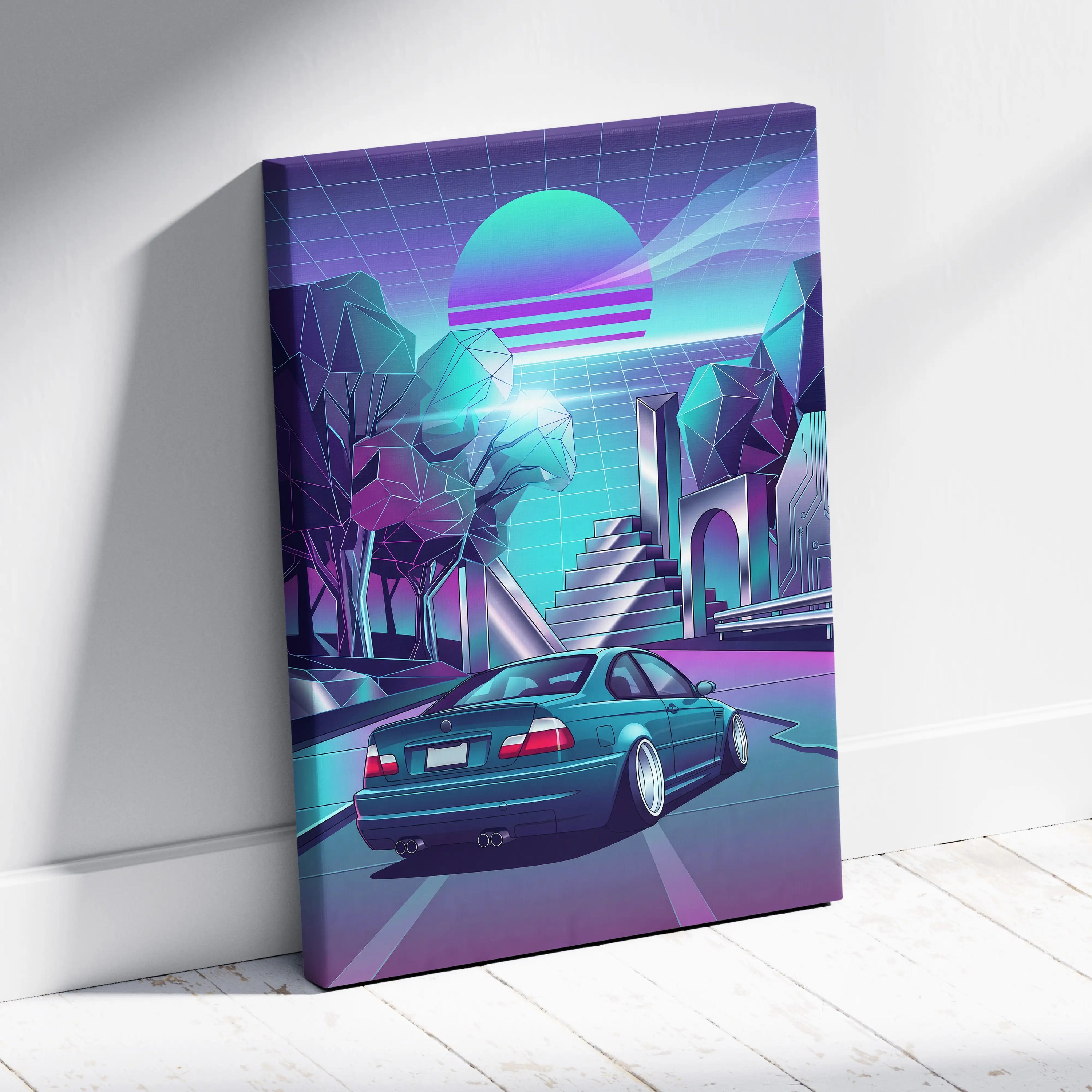 BMW M3 Inspired Vaporwave Car Canvas - Car Artwork Neon Teal Purple Living Room Mood Nostalgic Decor Vaporwave Retro Futurism Canvas