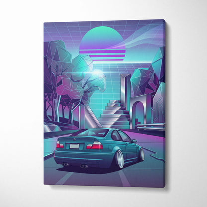 BMW M3 Inspired Vaporwave Car Canvas - Car Artwork Neon Teal Purple Living Room Mood Nostalgic Decor Vaporwave Retro Futurism Canvas