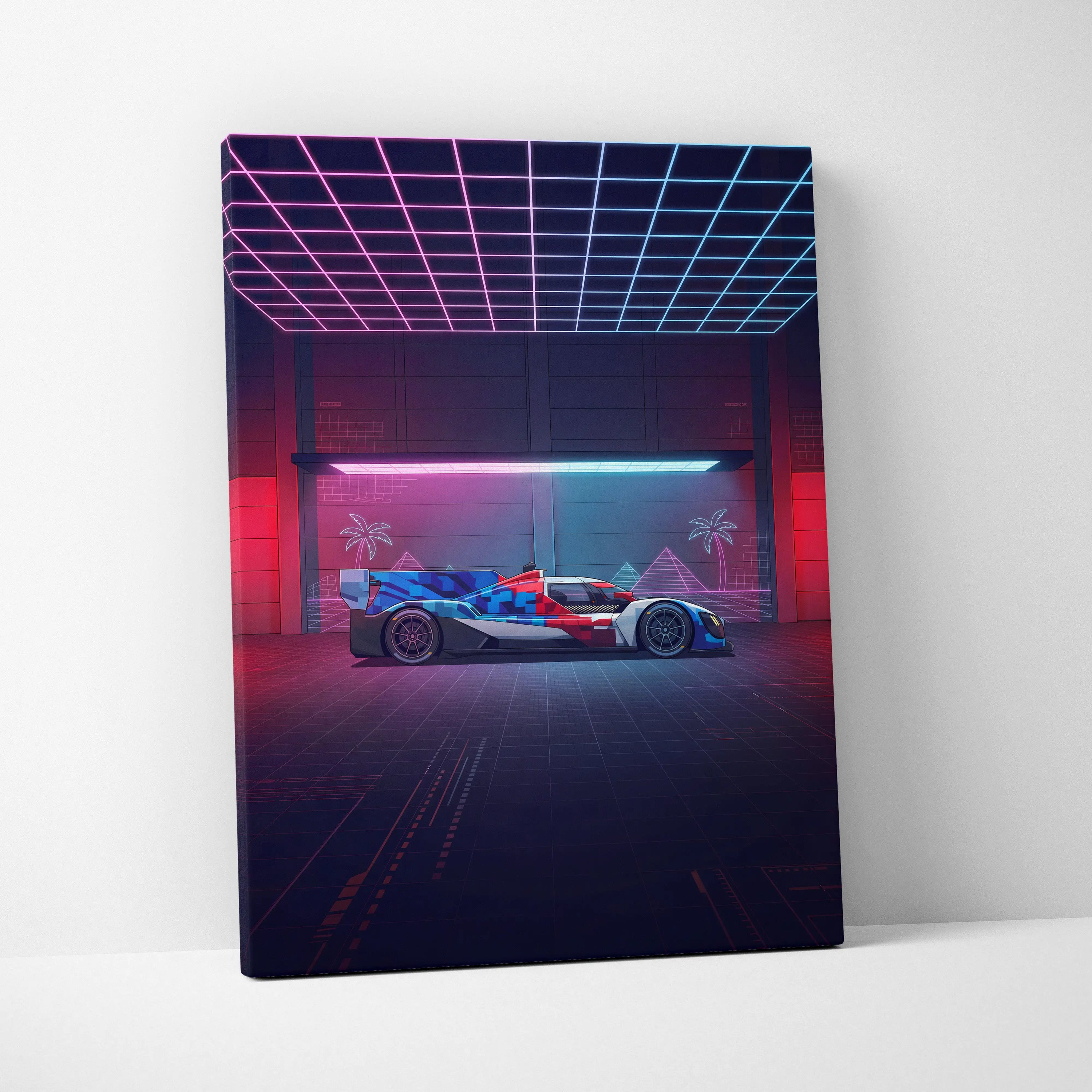 BMW M Hybrid V8 Inspired Vaporwave Car Canvas - Vaporwave Car Art Neon Pink Blue - Mood Nostalgic Deco Neon Car Canvas
