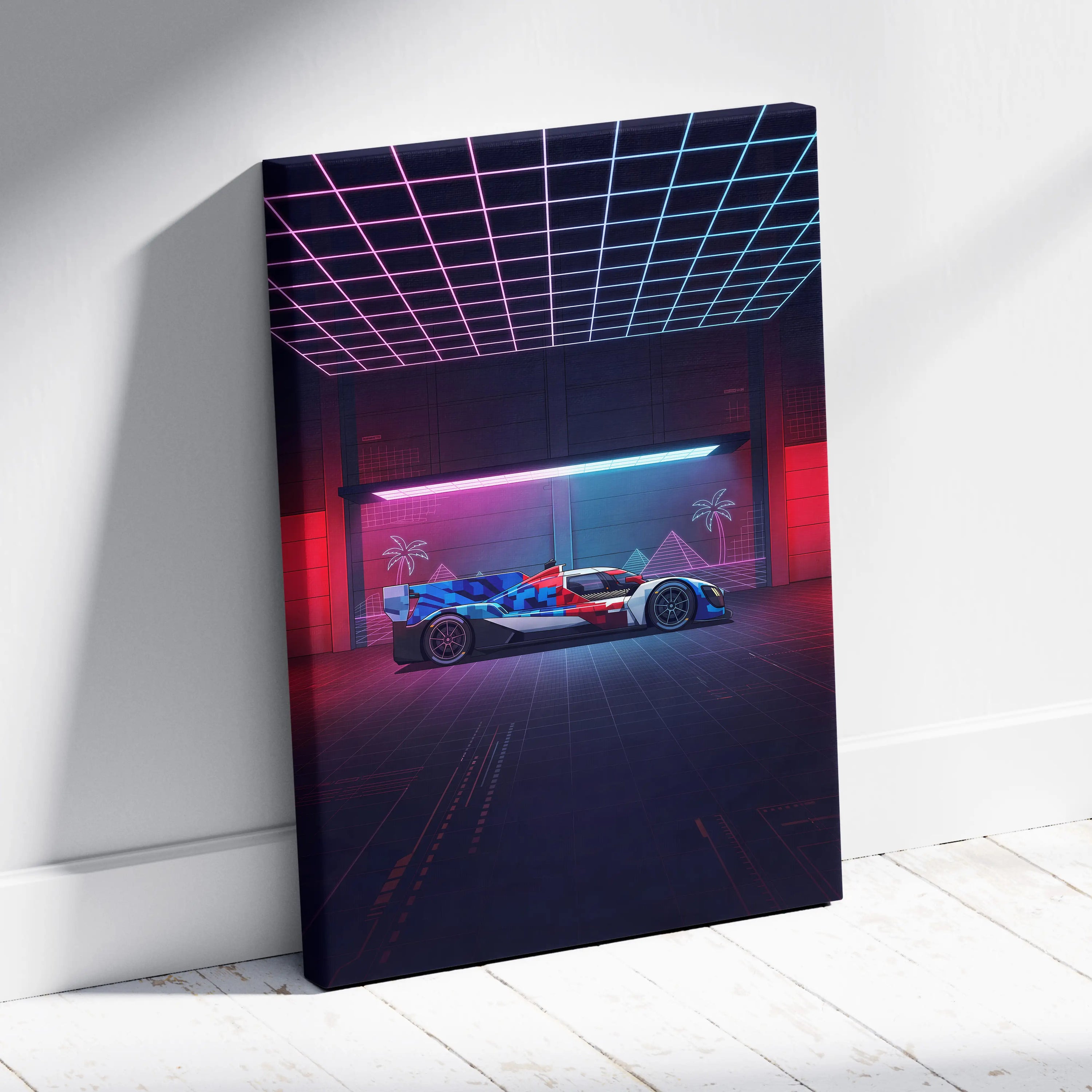 BMW M Hybrid V8 Inspired Vaporwave Car Canvas - Vaporwave Car Art Neon Pink Blue - Mood Nostalgic Deco Neon Car Canvas