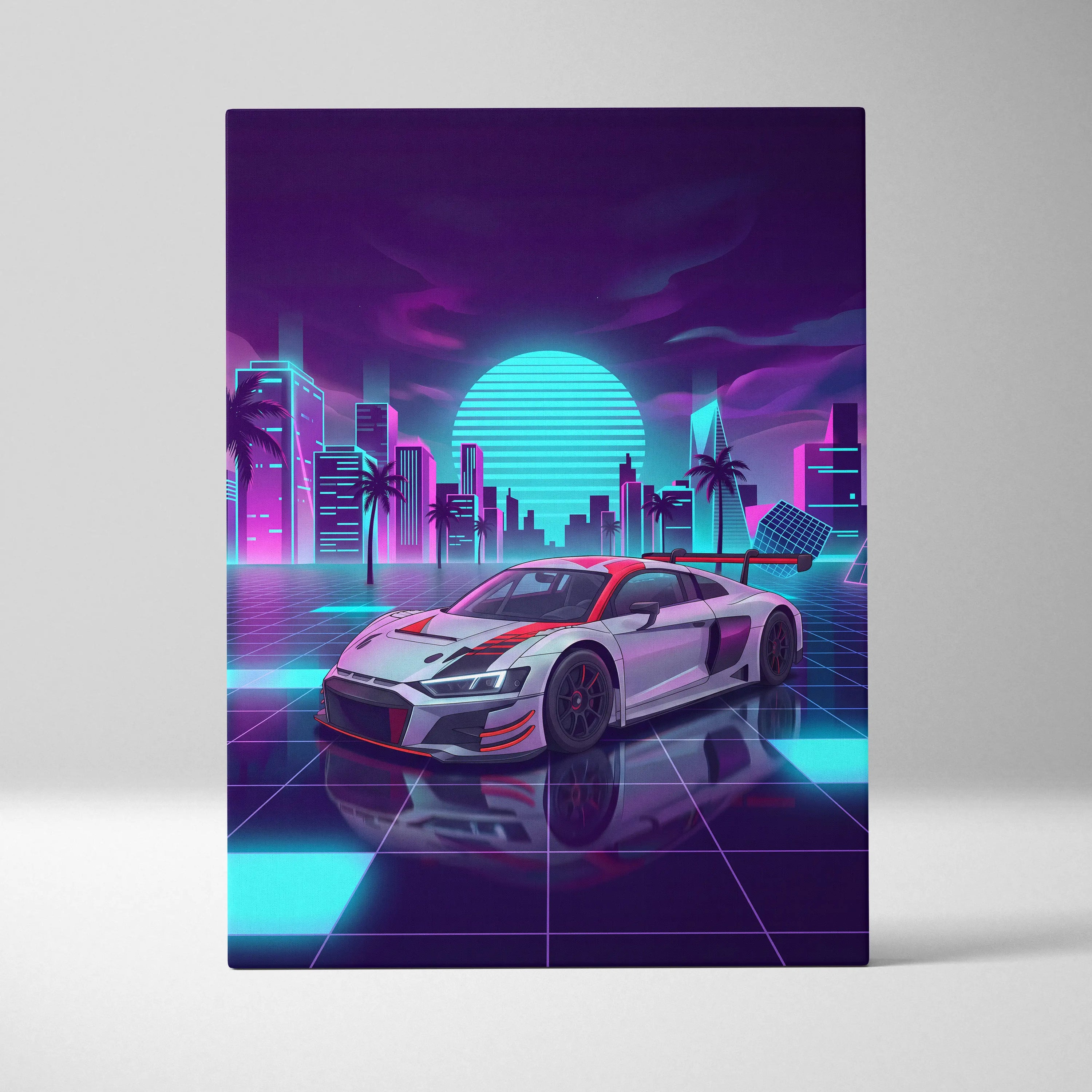 Audi R8 LMS Inspired Vaporwave Canvas - Neon Cityscape Pink Cyan Purple Living Room Vaporwave Nostalgic Dreamscape Canvas