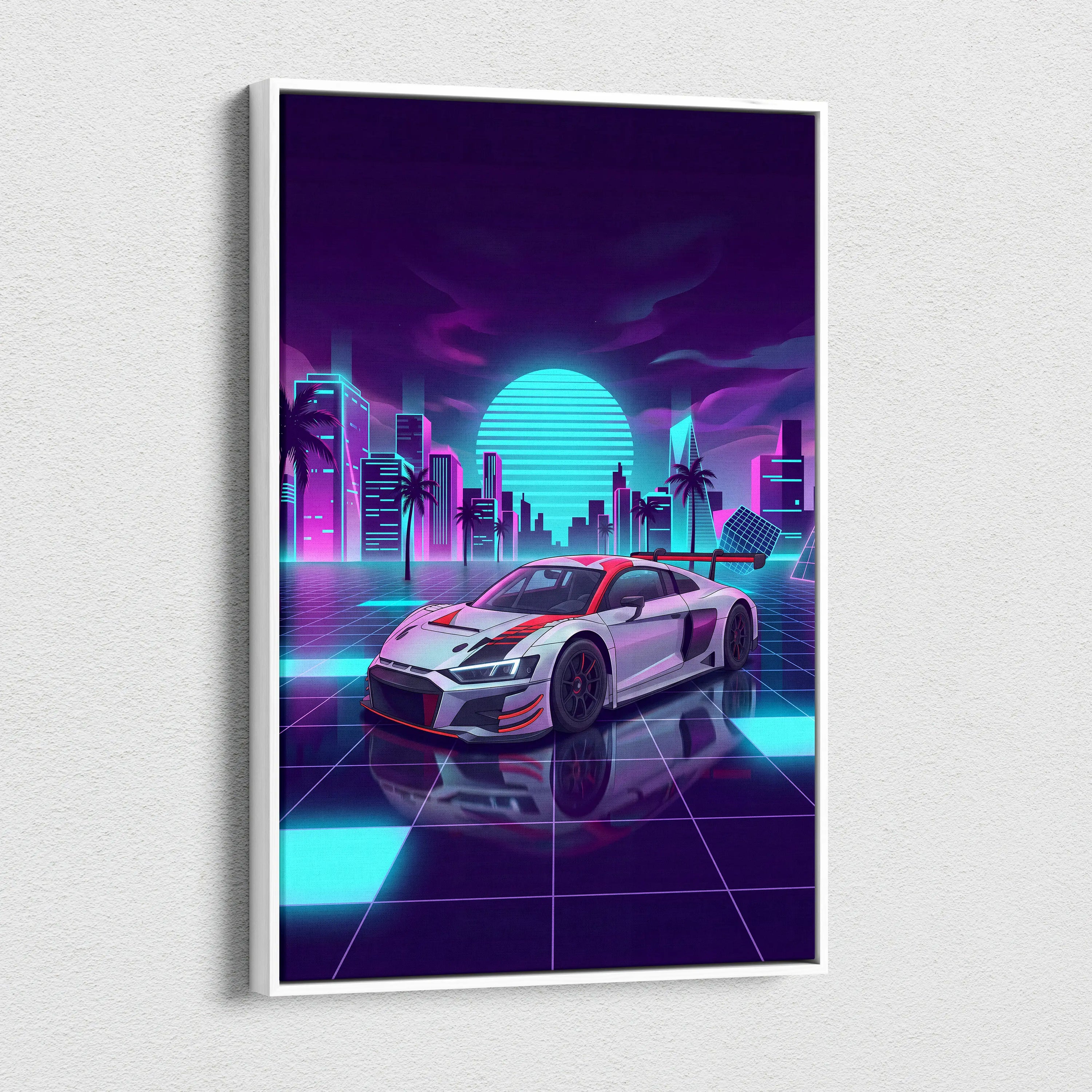 Audi R8 LMS Inspired Vaporwave Canvas - Neon Cityscape Pink Cyan Purple Living Room Vaporwave Nostalgic Dreamscape Canvas