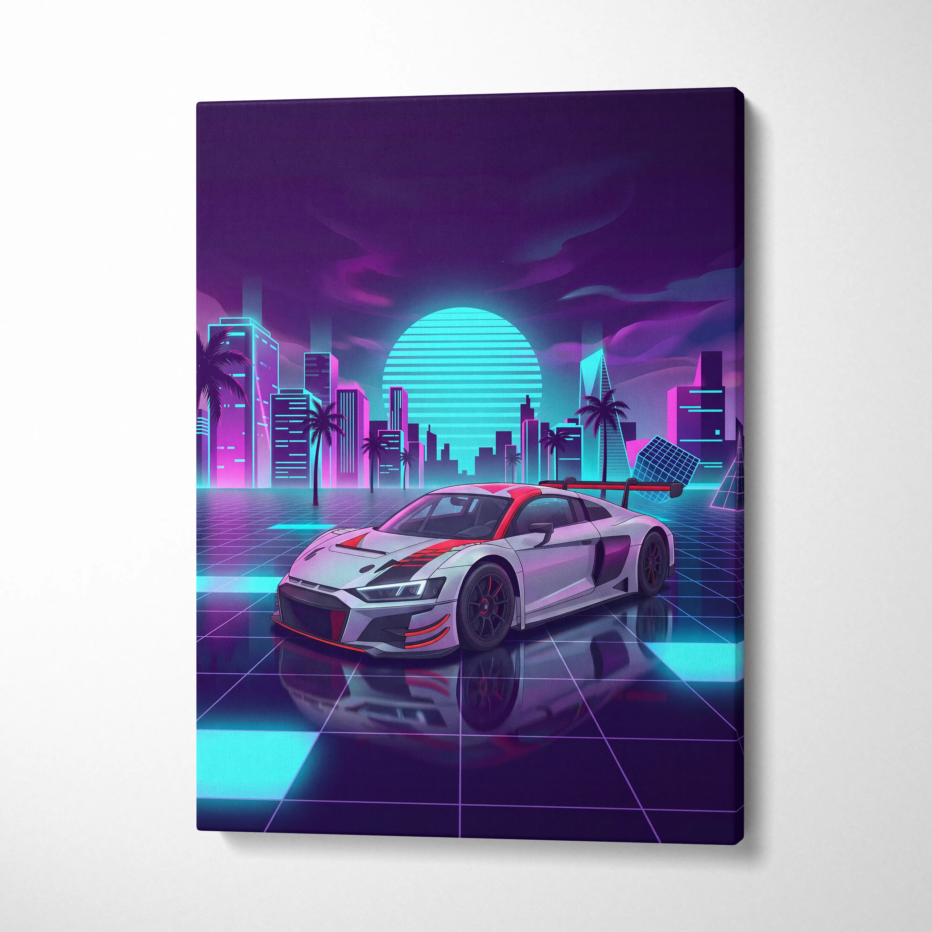 Audi R8 LMS Inspired Vaporwave Canvas - Neon Cityscape Pink Cyan Purple Living Room Vaporwave Nostalgic Dreamscape Canvas