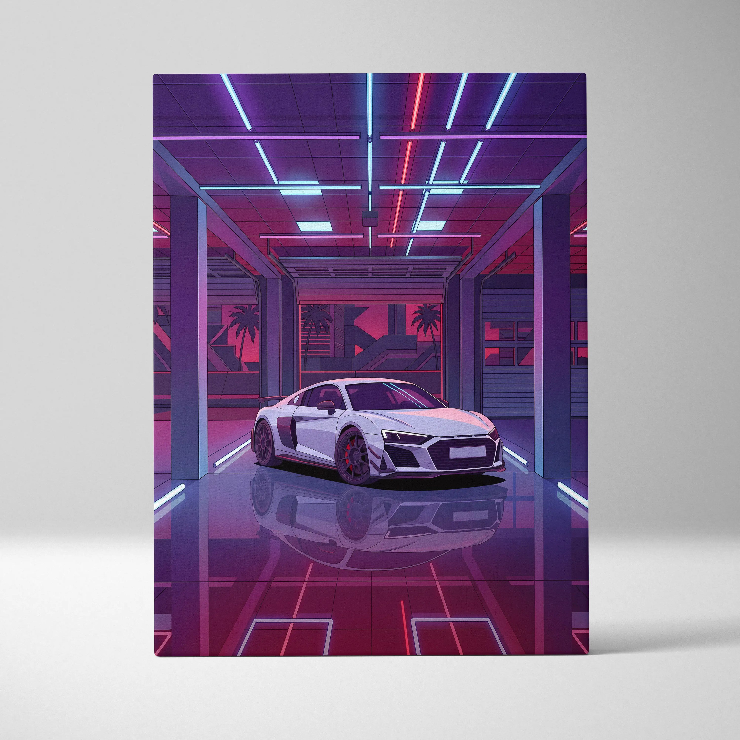 Audi R8 Vaporwave Canvas - Car Neon Purple Pink Blue Living Room Vaporwave | Nostalgic Retro Cyberpunk Canvas Print